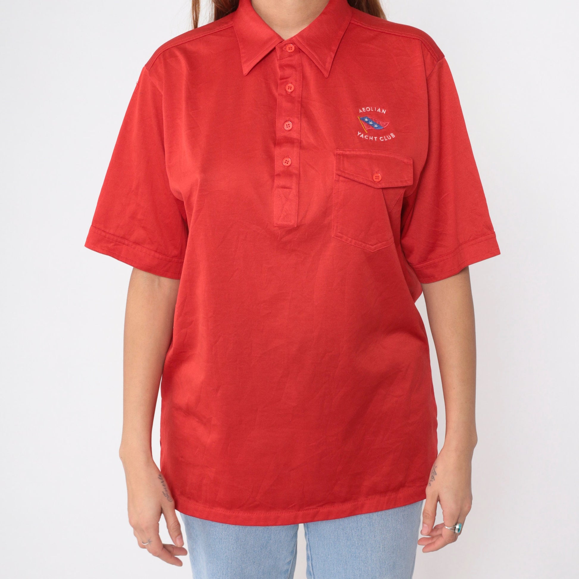 80s Aeolian Yacht Club Polo Shirt Red Embroidered Crest Alameda California Large