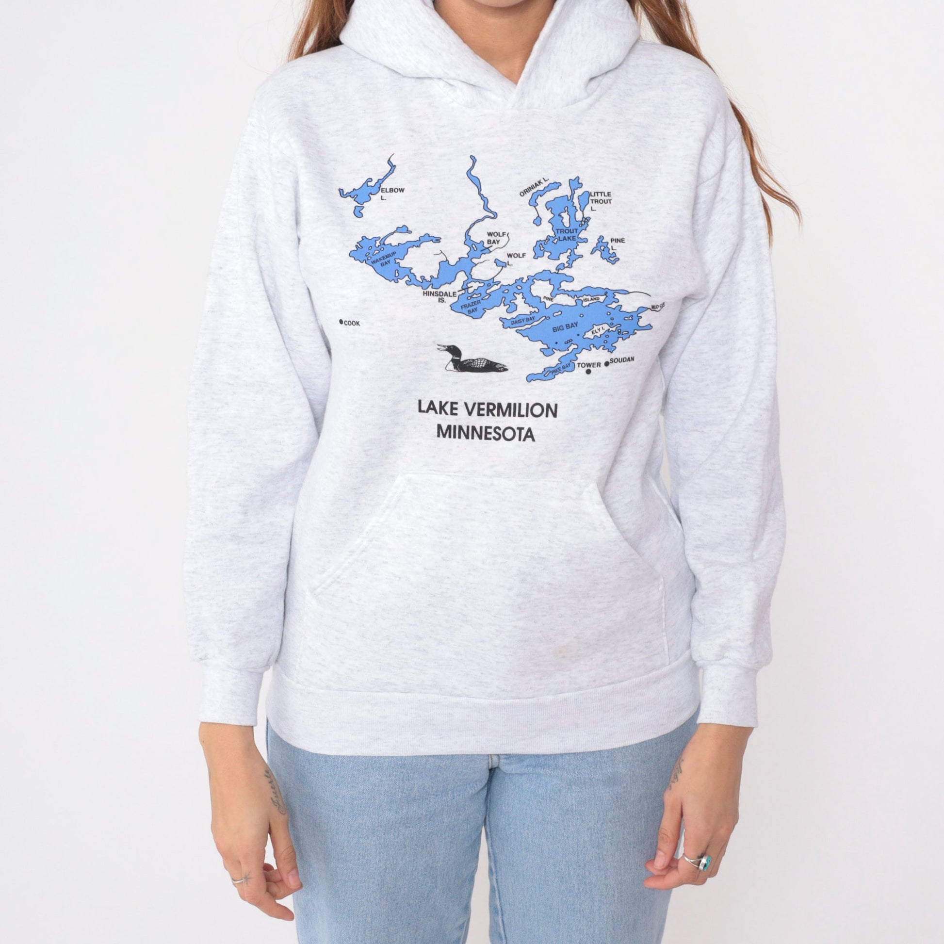 Y2K Lake Vermilion Minnesota Loon Hoodie Heather Grey Extra Small