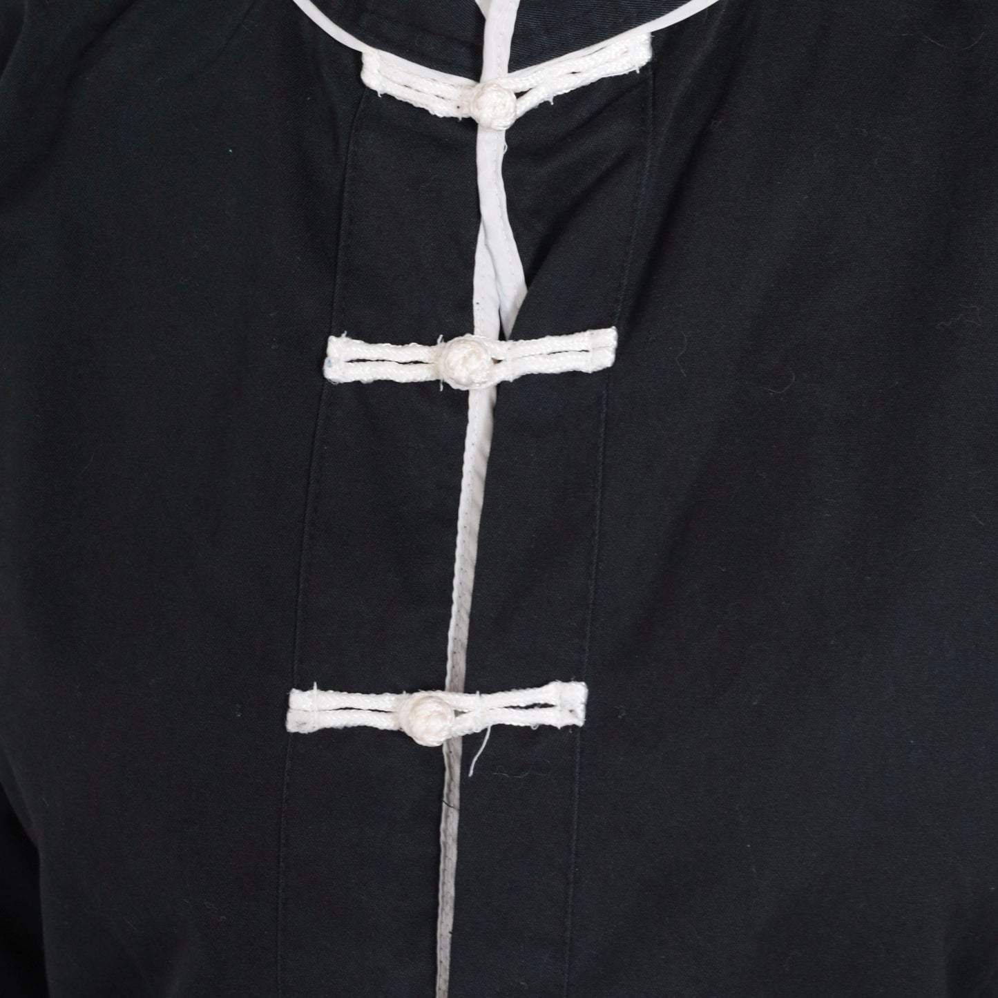 90s Black Button-Up Blouse with White Trim and Frog Knot Closure Small S