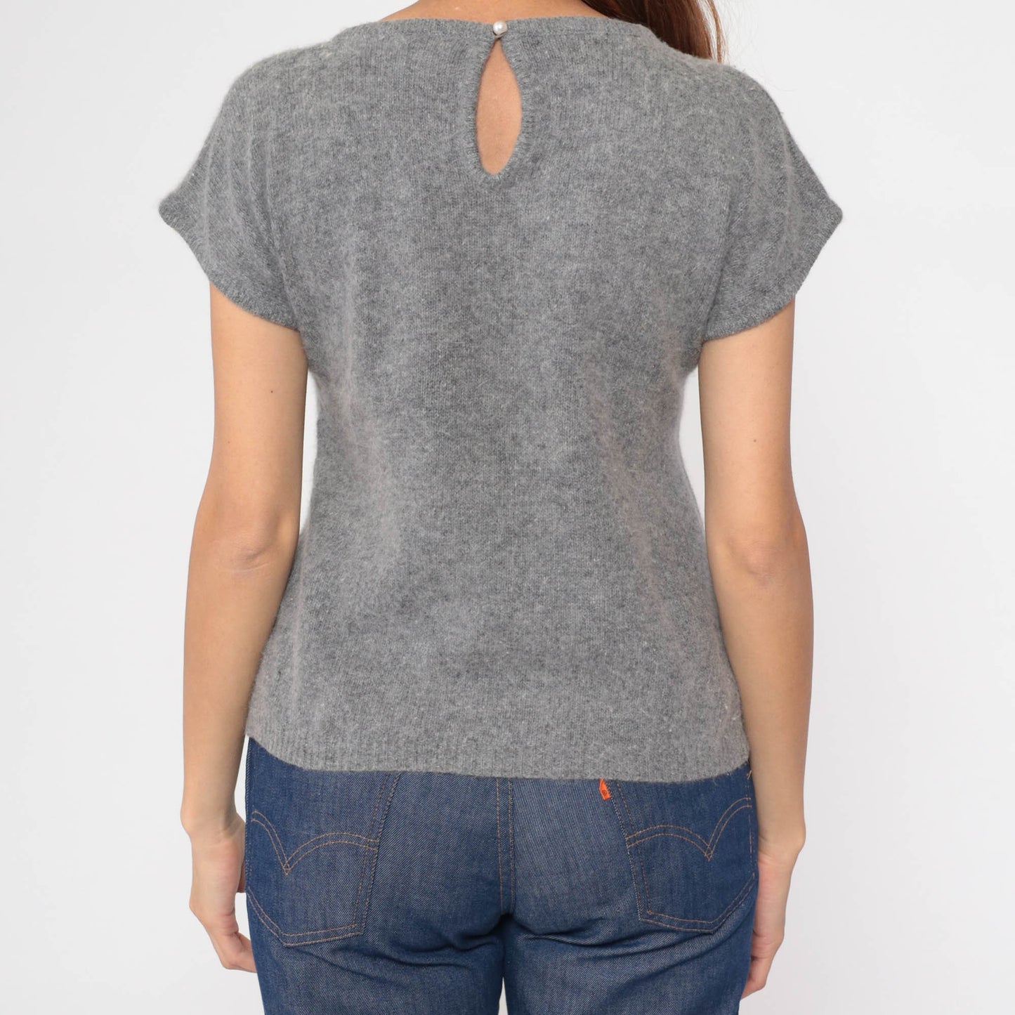 80s Grey Lambswool Angora Cap Sleeve Knit Sweater Top Small S