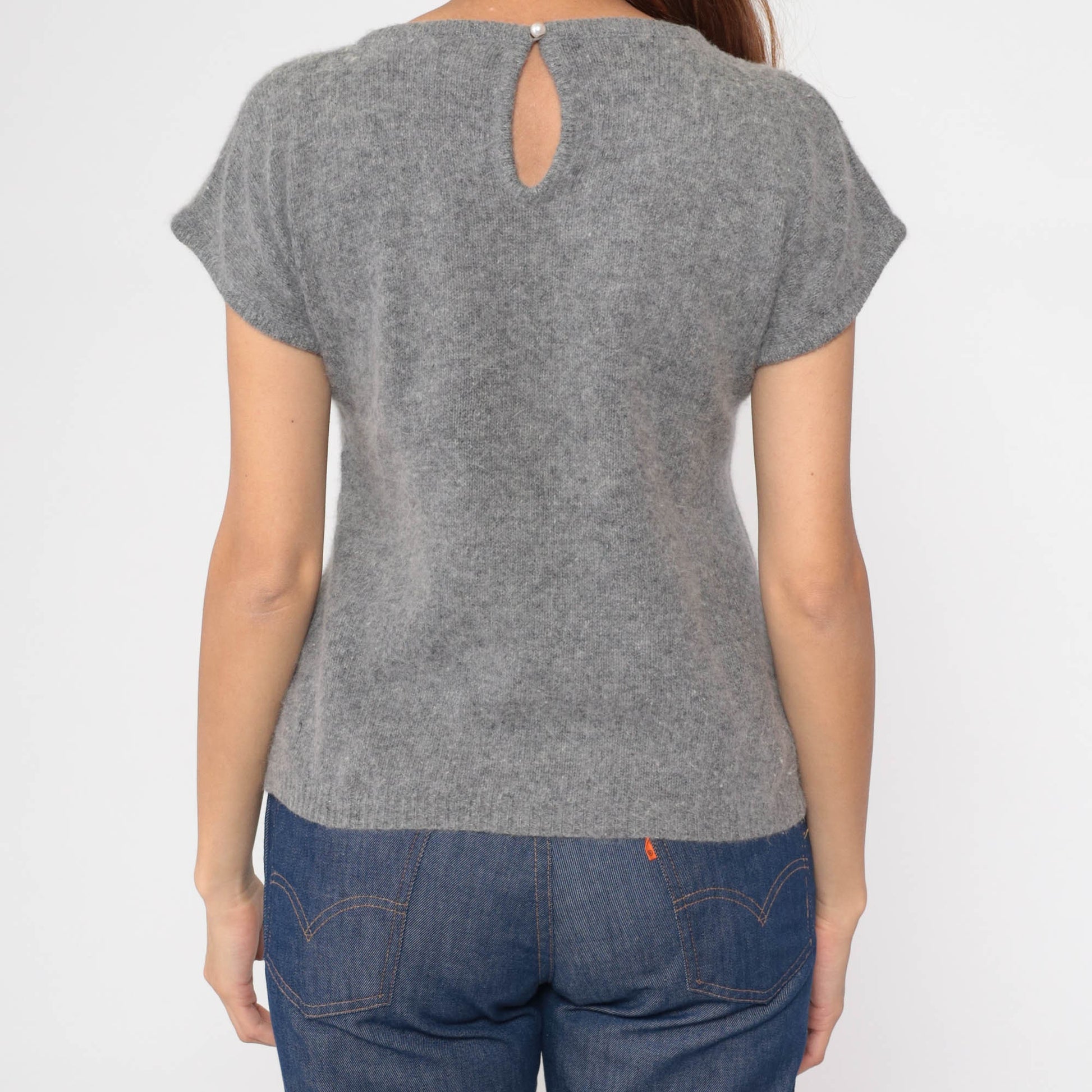 80s Grey Lambswool Angora Cap Sleeve Knit Sweater Top Small S