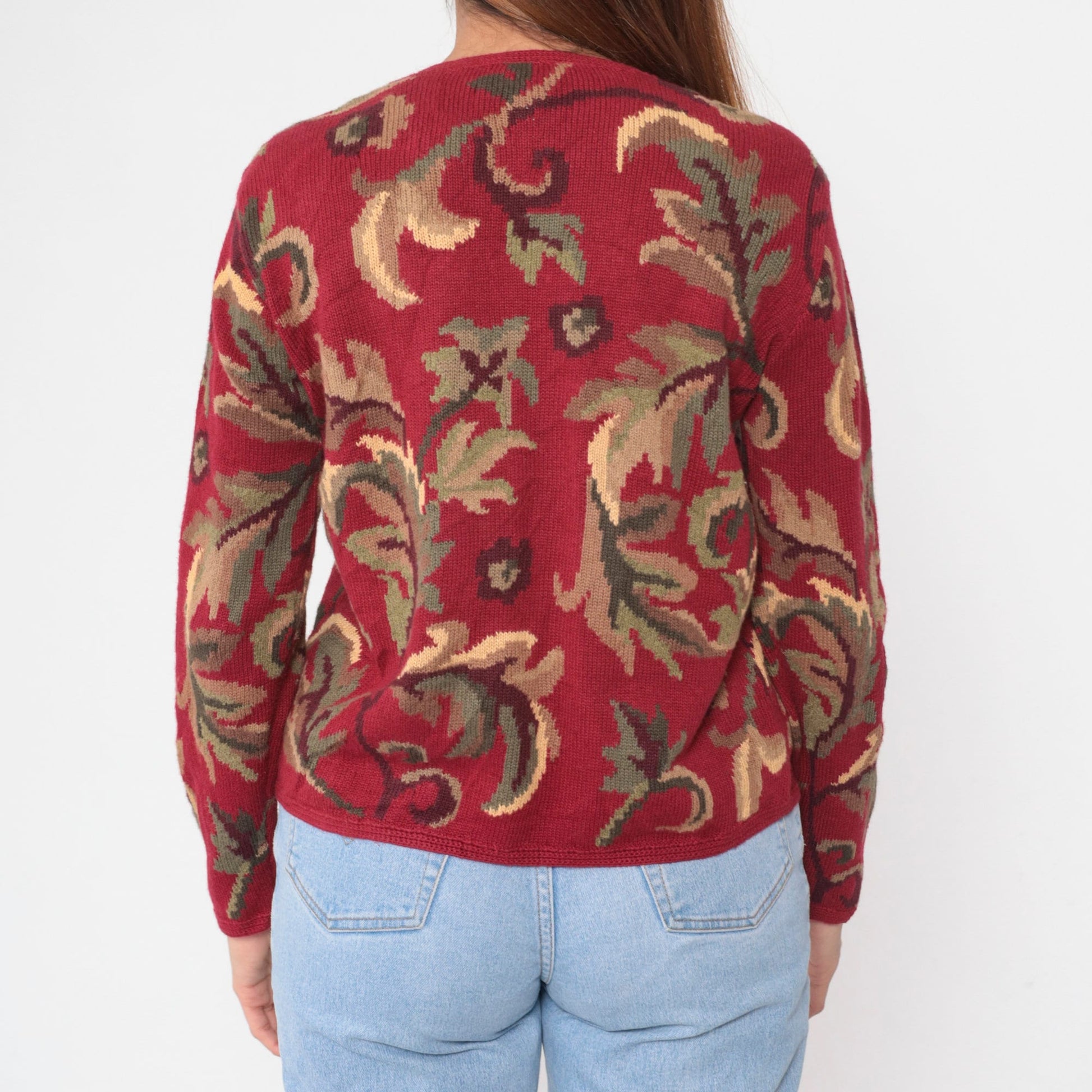 00s Talbots Leaf Print Cardigan Red Cotton Ramie Zip Knit Small S
