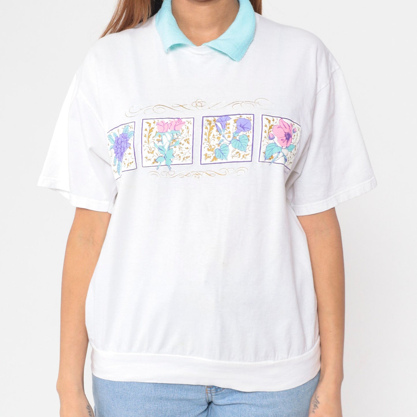 90s White Floral Collared Shirt Gold Metallic Print Blue Collar Large L