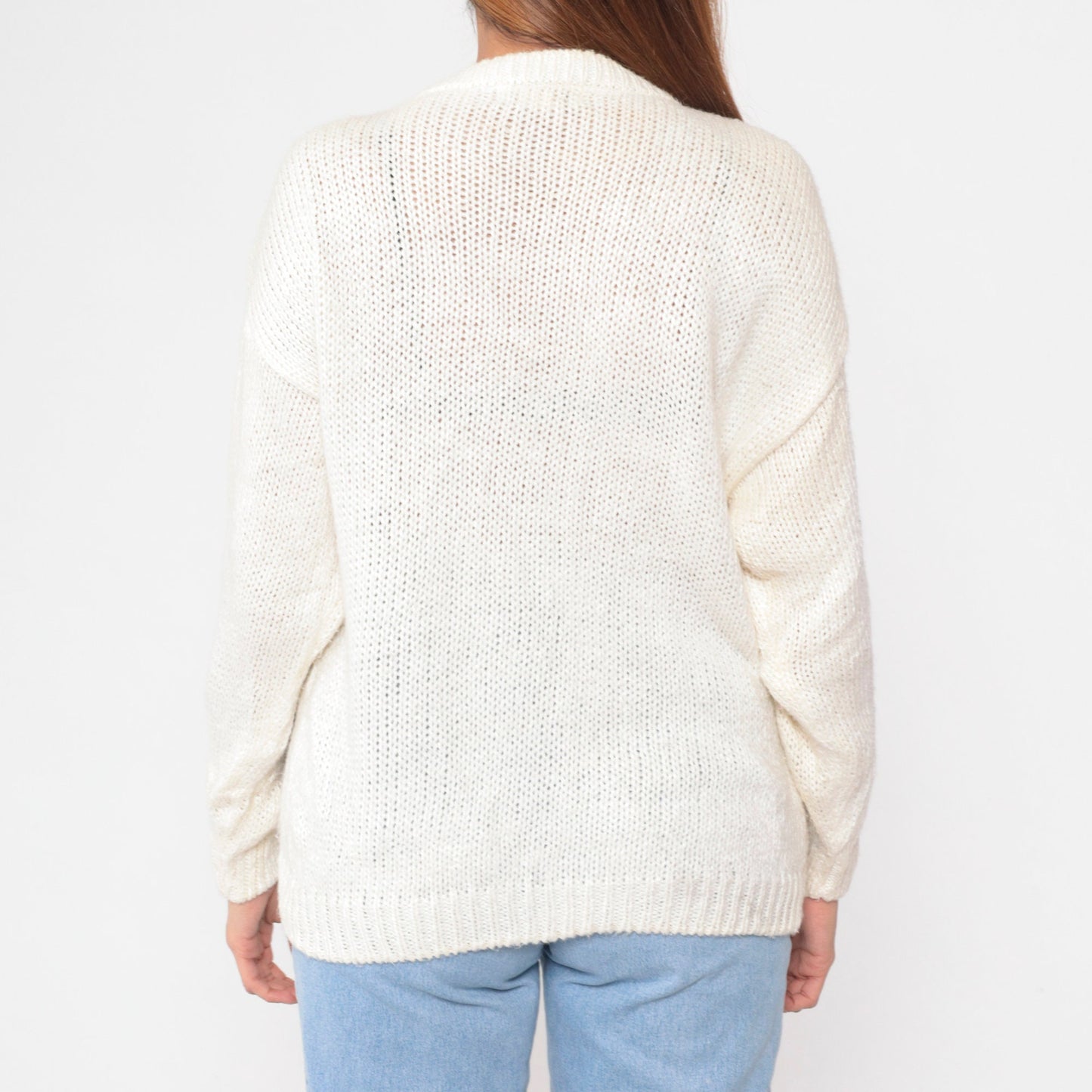 80s White Floral Knit Pullover Sweater Cotton Ramie Small S