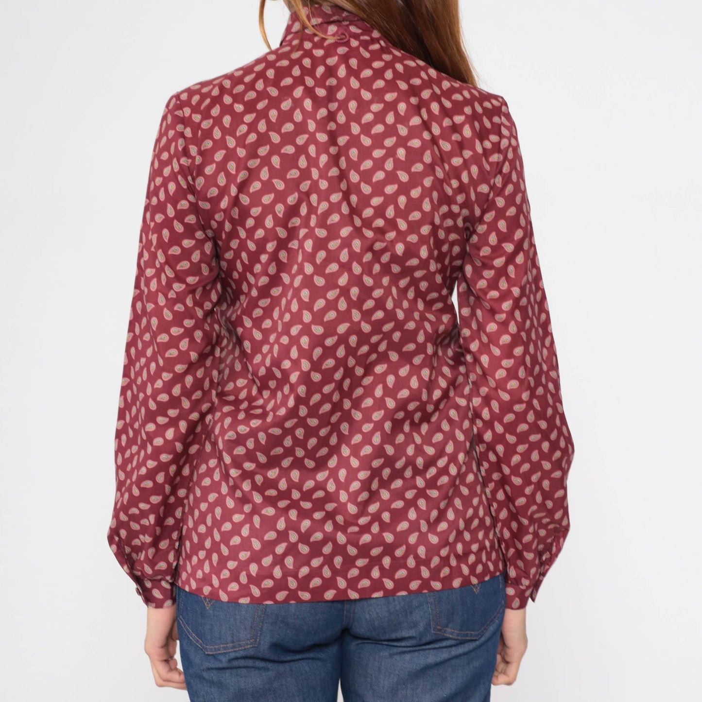 80s Burgundy Paisley Button-Up Blouse Long Sleeve Collar Medium