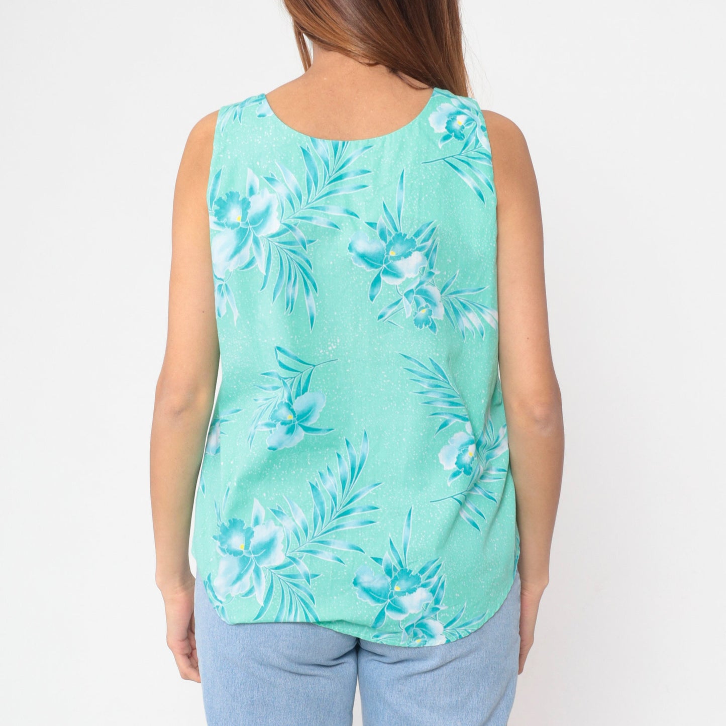 80s Tropical Floral Button-Up Tank Top Turquoise Green Orchid Leaf Print Large