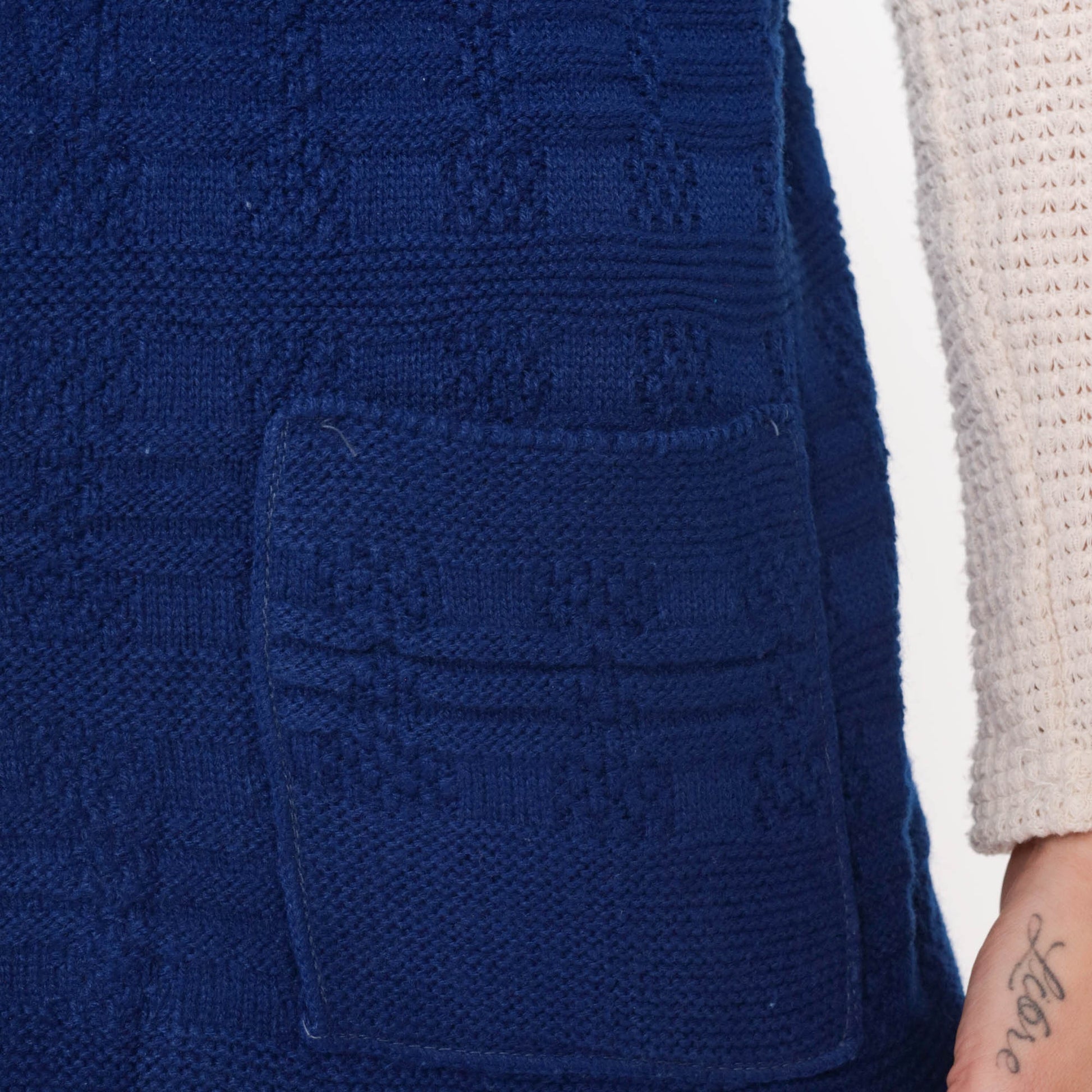 70s Knit Vest Navy Textured Checkered Open Front Sleeveless Top Small