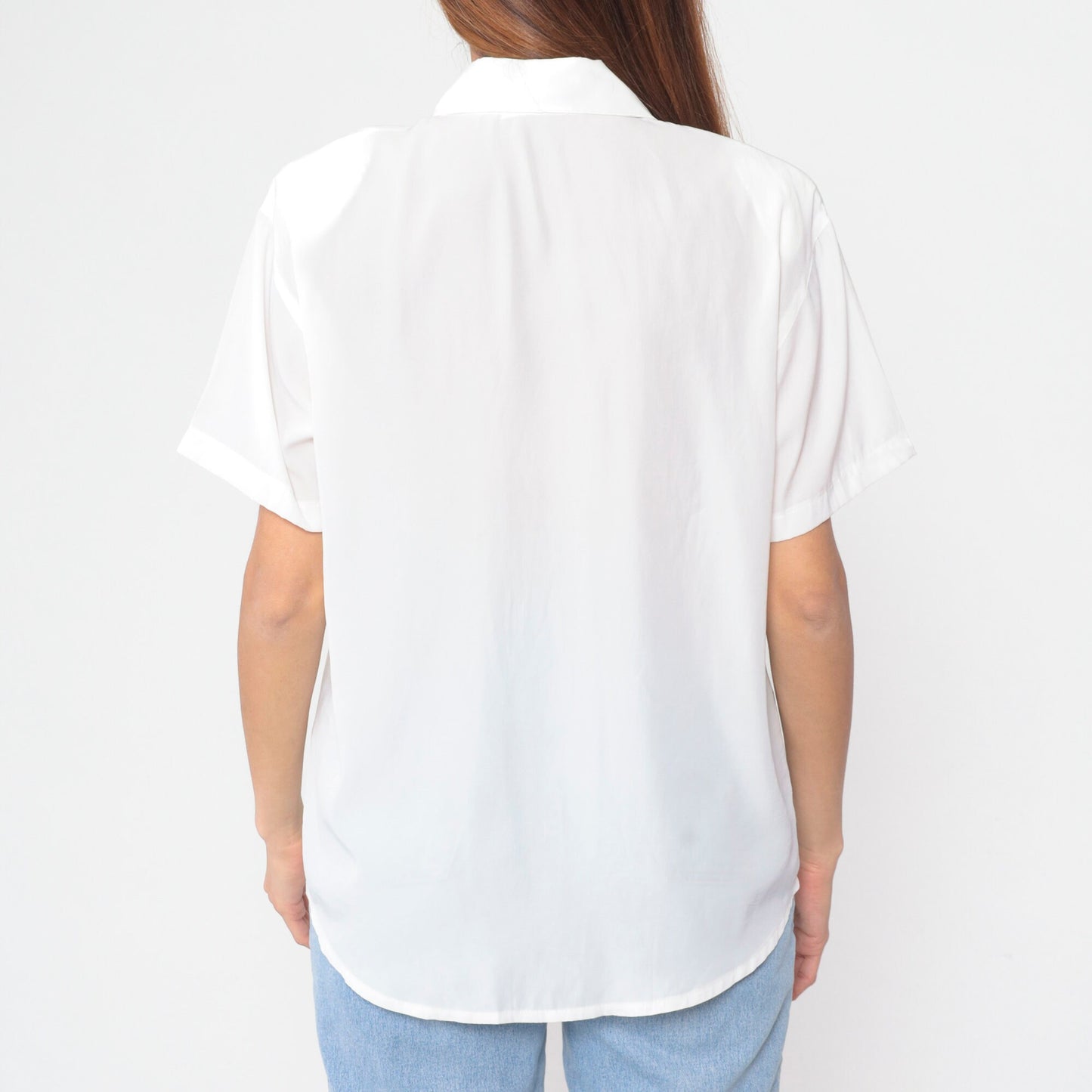 90s White Geometric Embroidered Button-Up Blouse Cutout Collar Short Sleeve Large L