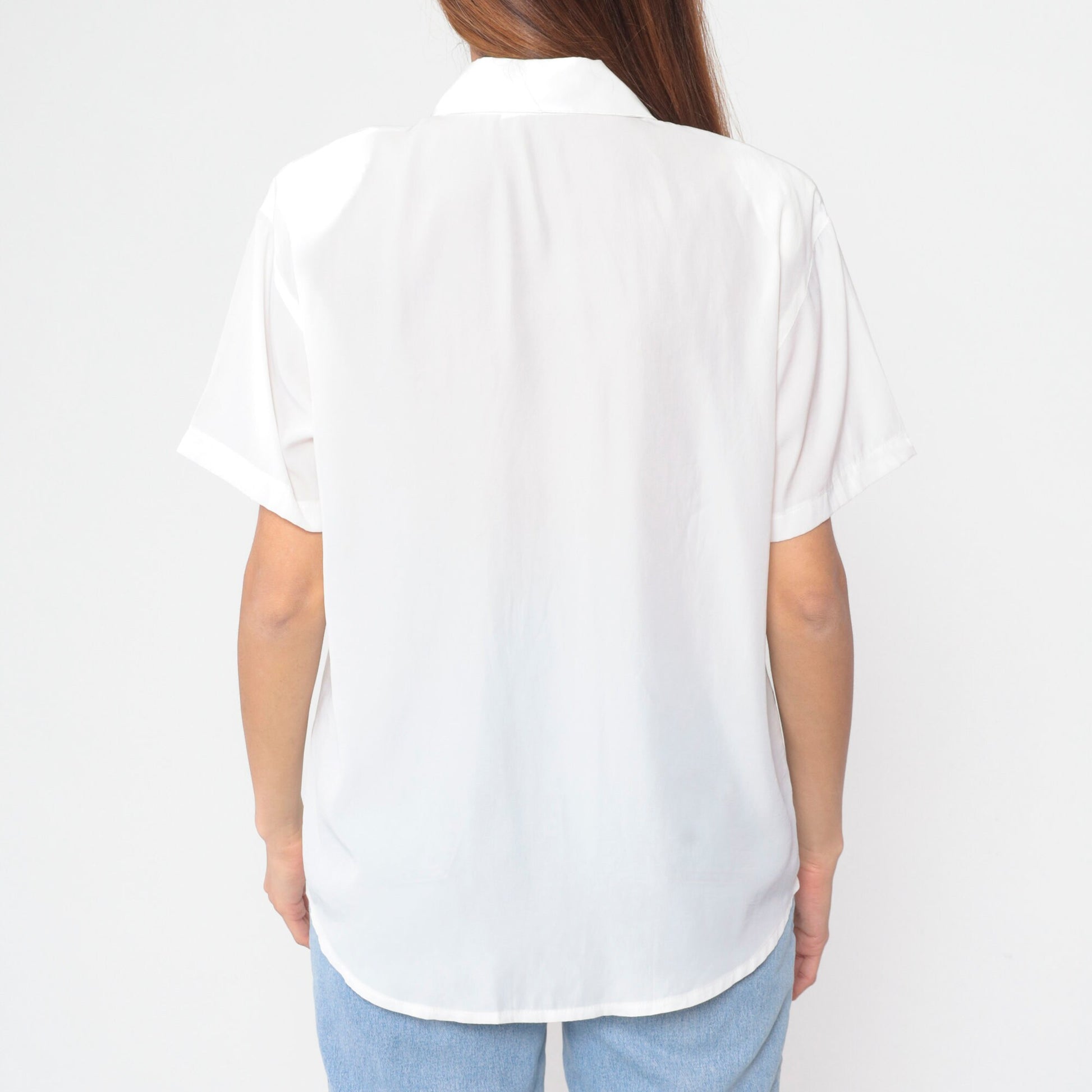 90s White Geometric Embroidered Button-Up Blouse Cutout Collar Short Sleeve Large L