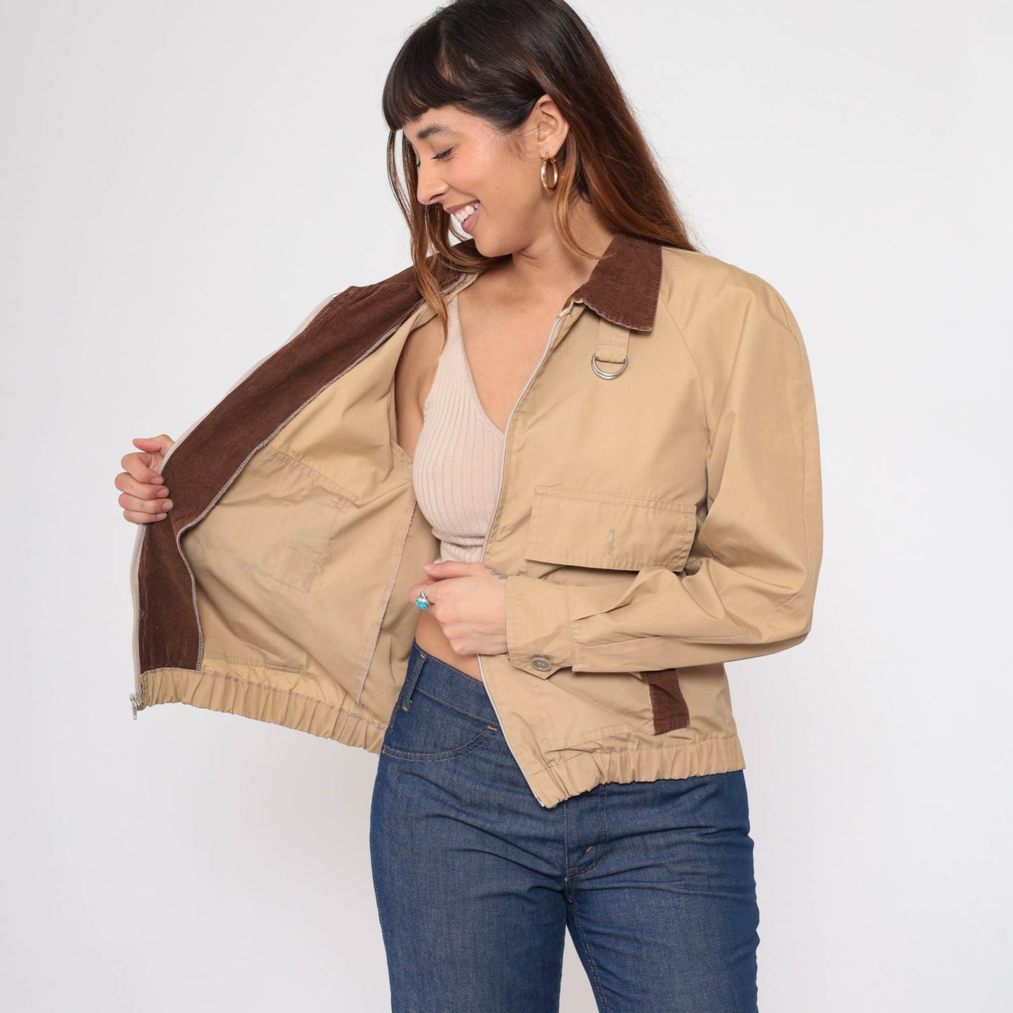80s Tan Windbreaker Jacket Corduroy Collar Utility Pockets Zip Medium