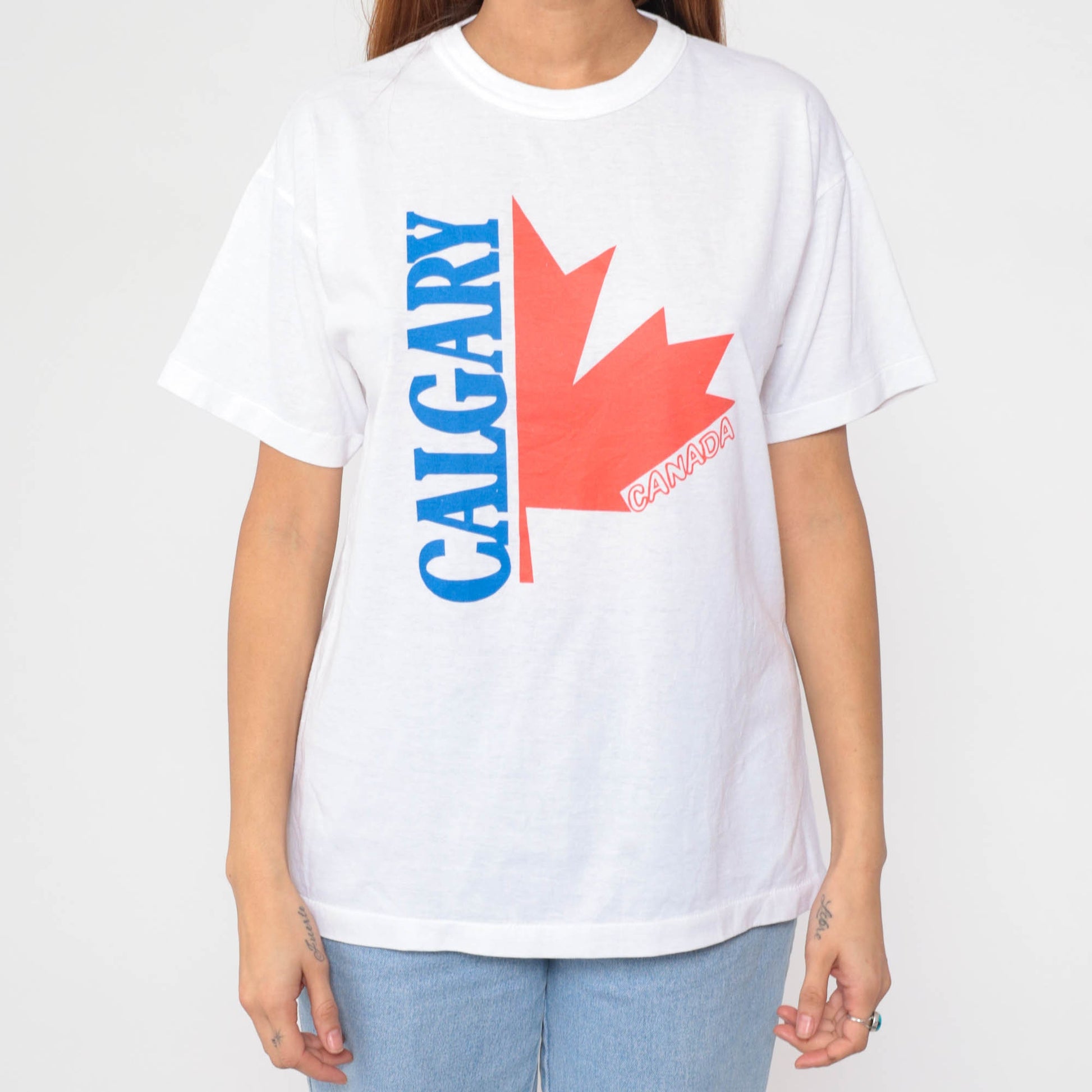80s Calgary Alberta Canada Maple Leaf Graphic T-Shirt Single Stitch Medium