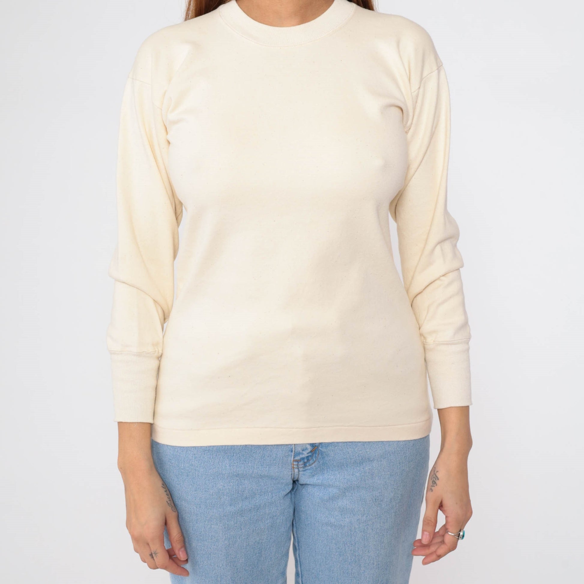 80s Cream Long Sleeve Crewneck T-Shirt Plain Layering Tee Small