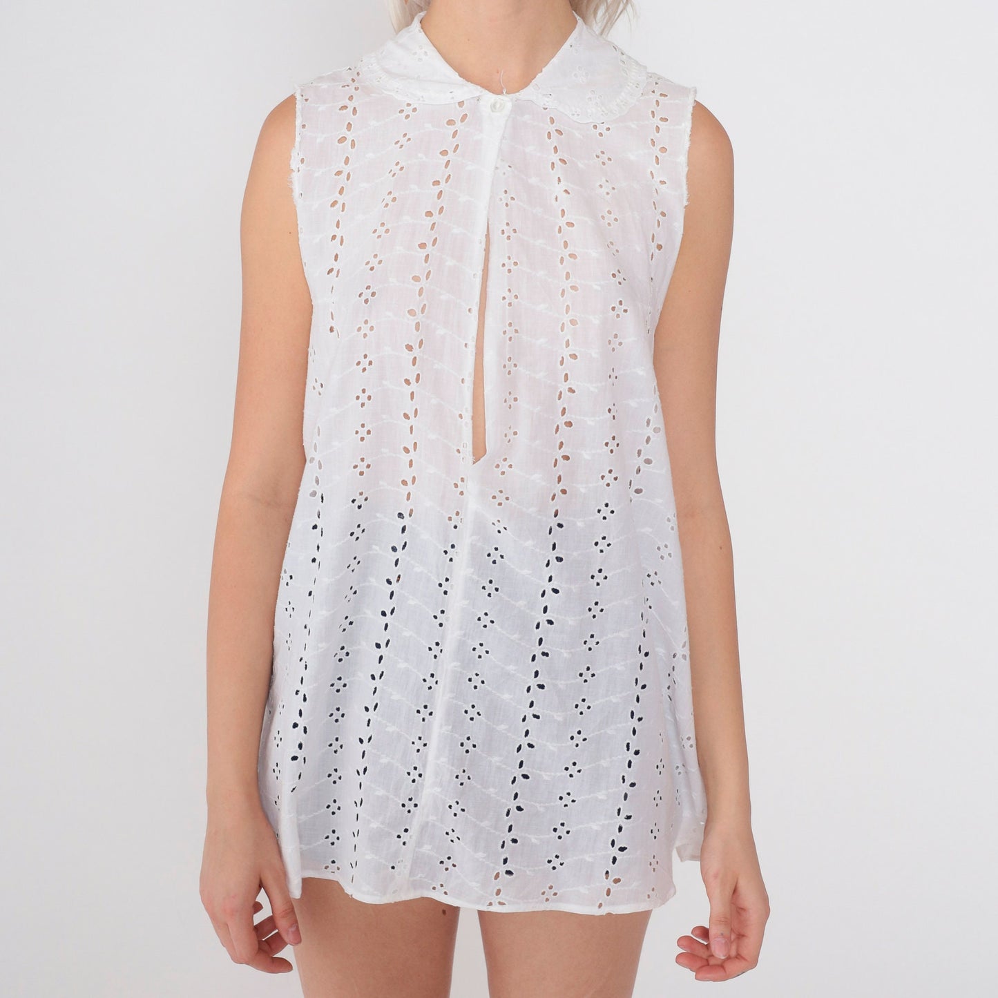 80s Charmode White Eyelet Tank Top Peter Pan Collar Cutout Tunic Extra Small