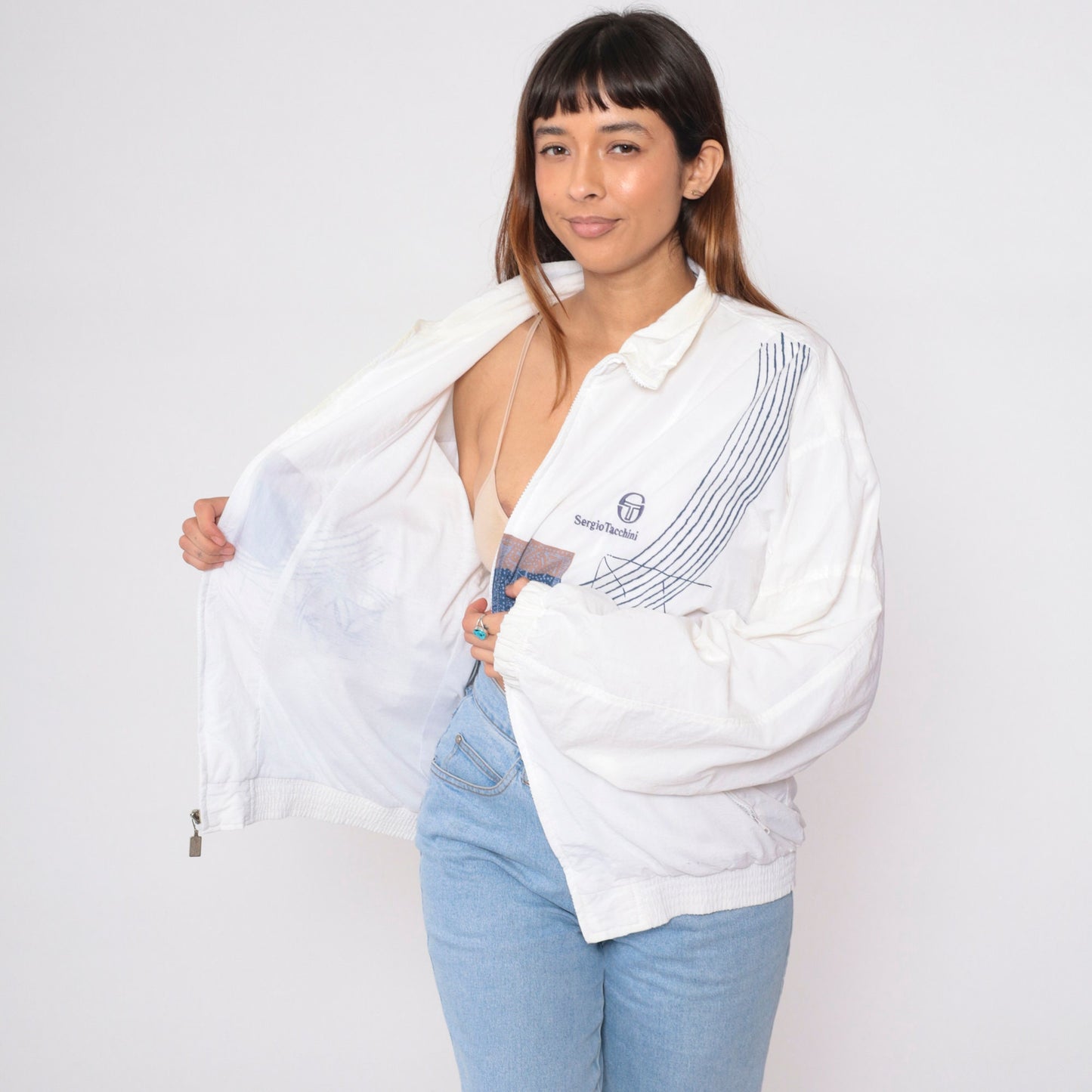 Sergio Tacchini 90s White Geometric Windbreaker Jacket Large L