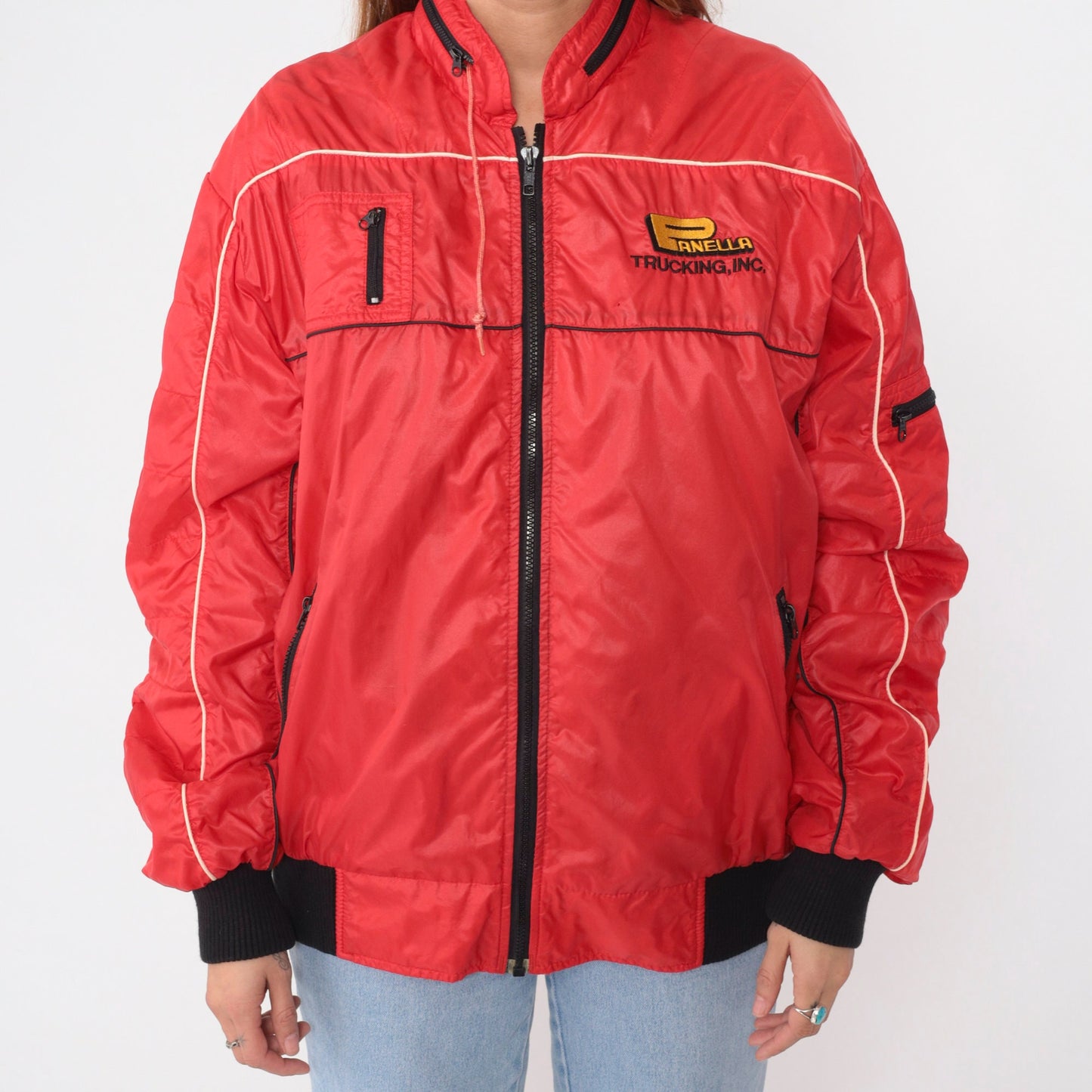 80s Panella Trucking Jacket Red Nylon Zip Hood Workwear XXL
