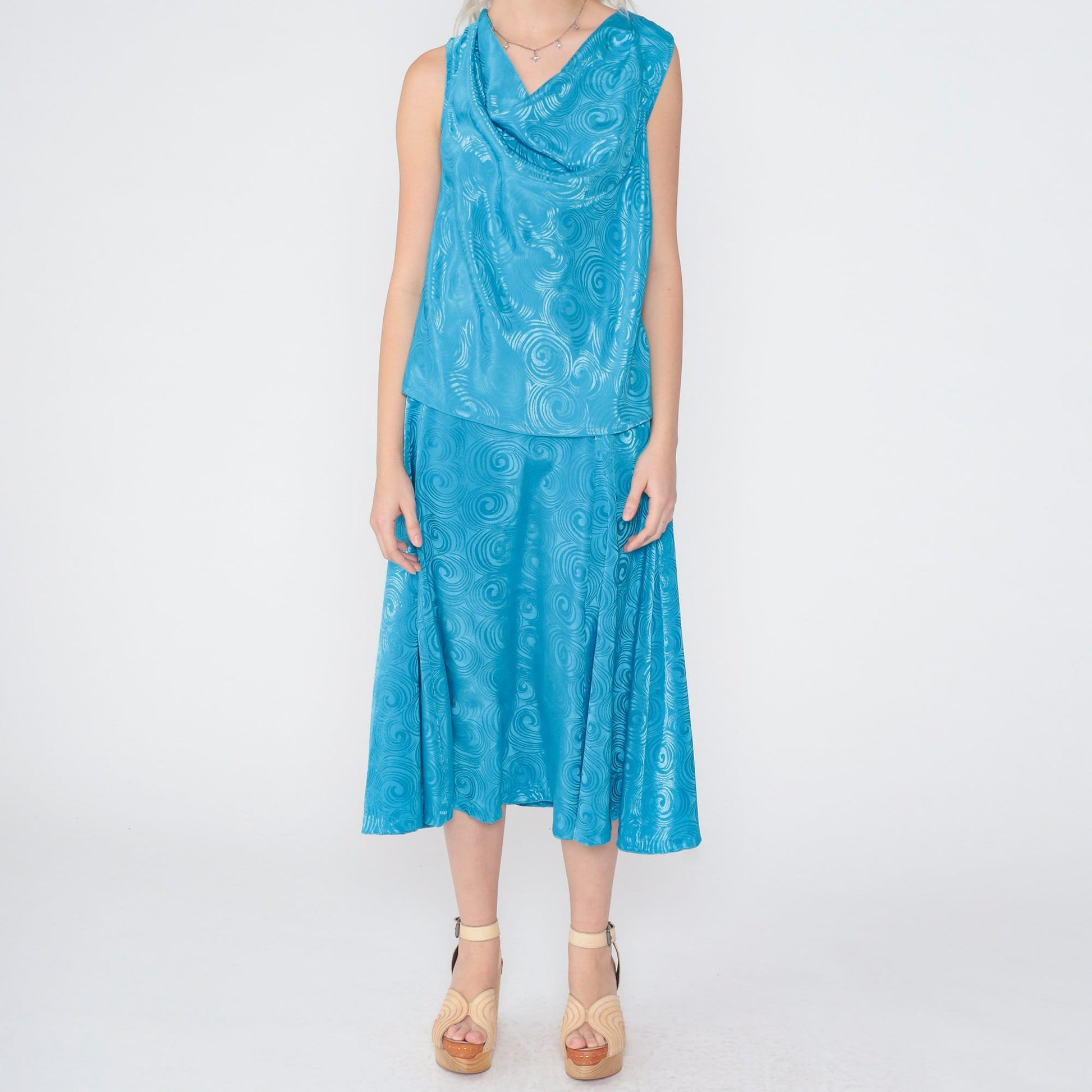 80s Oui Petites Two Piece Set Blue Swirl Cowl Neck Tank Midi Skirt XS