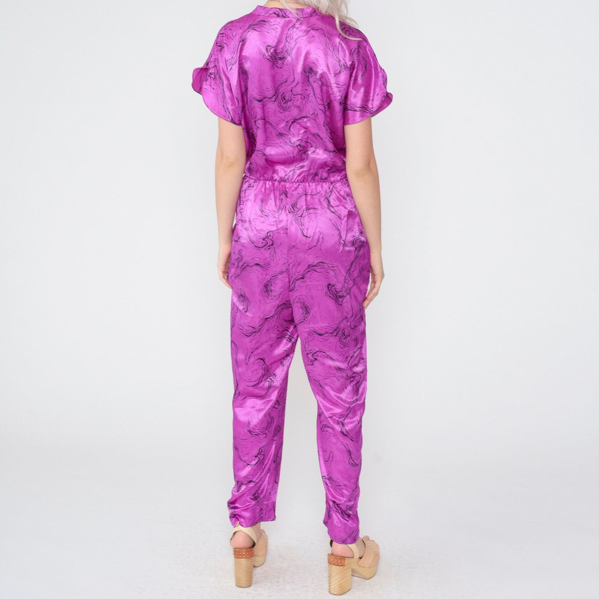 80s Purple Marble Jumpsuit Shiny High-Waisted Tapered V-Neck Small