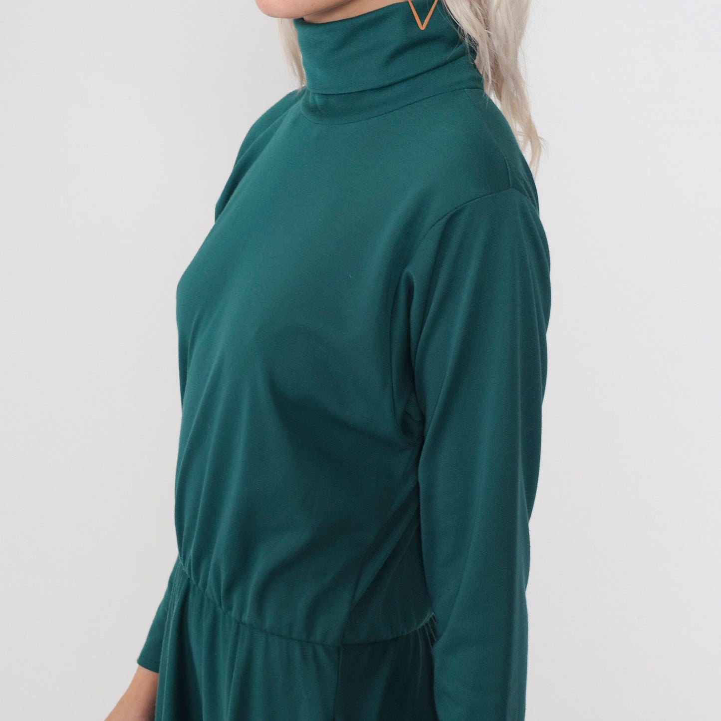 70s Green Turtleneck Midi Dress High Waisted Long Sleeve Pockets Medium