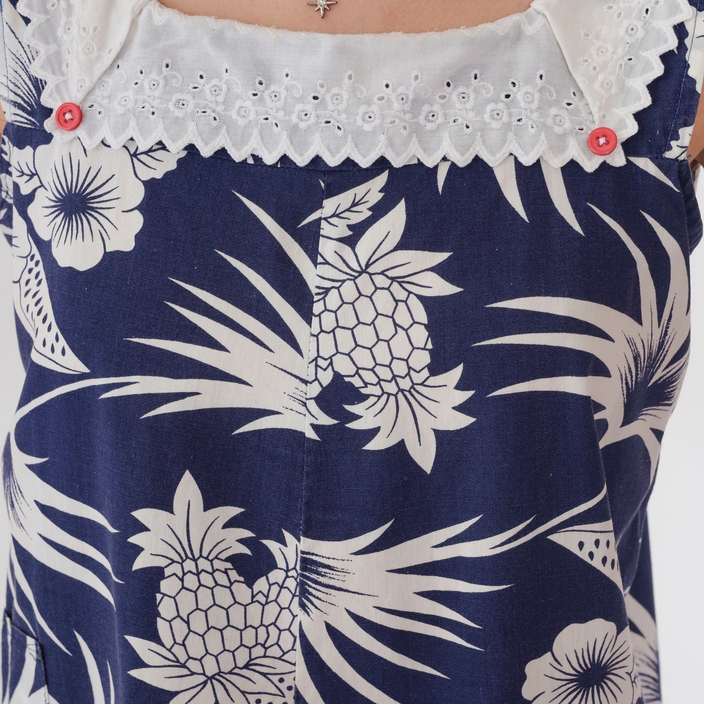 80s Hawaiian Tropical Mini Dress Blue Pineapple Leaf Print Eyelet Lace Small