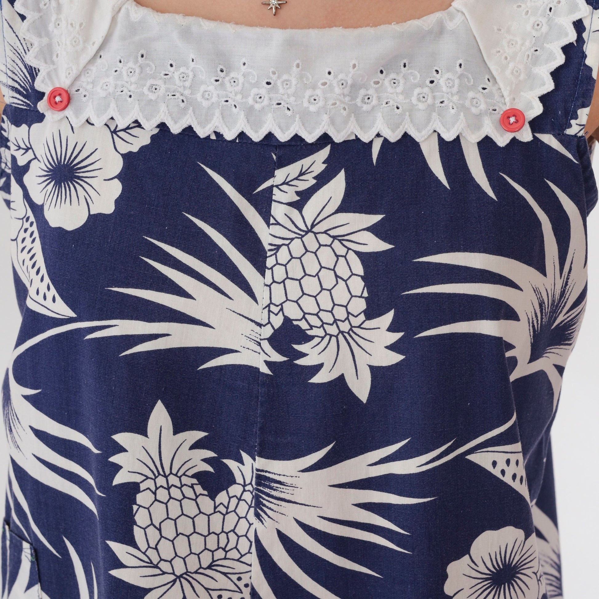 80s Hawaiian Tropical Mini Dress Blue Pineapple Leaf Print Eyelet Lace Small