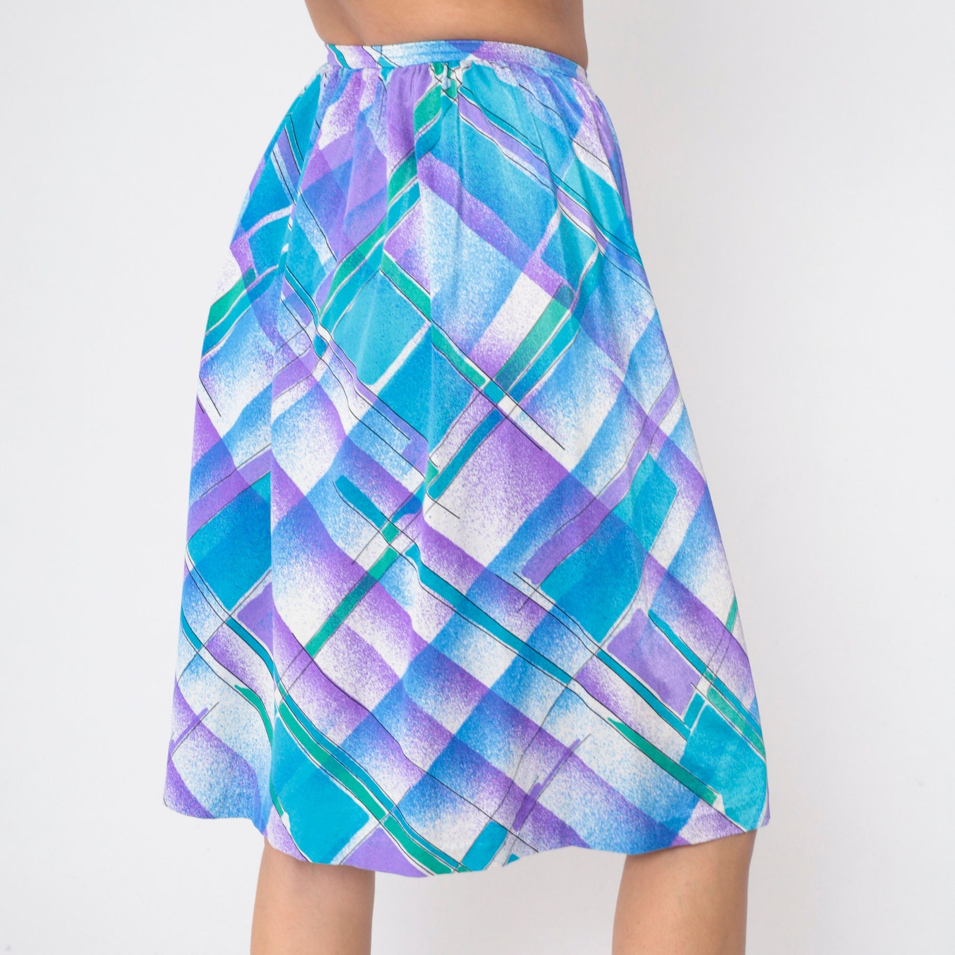 80s Checkered Knee Skirt Blue Purple White Plaid High Waist Tie Small
