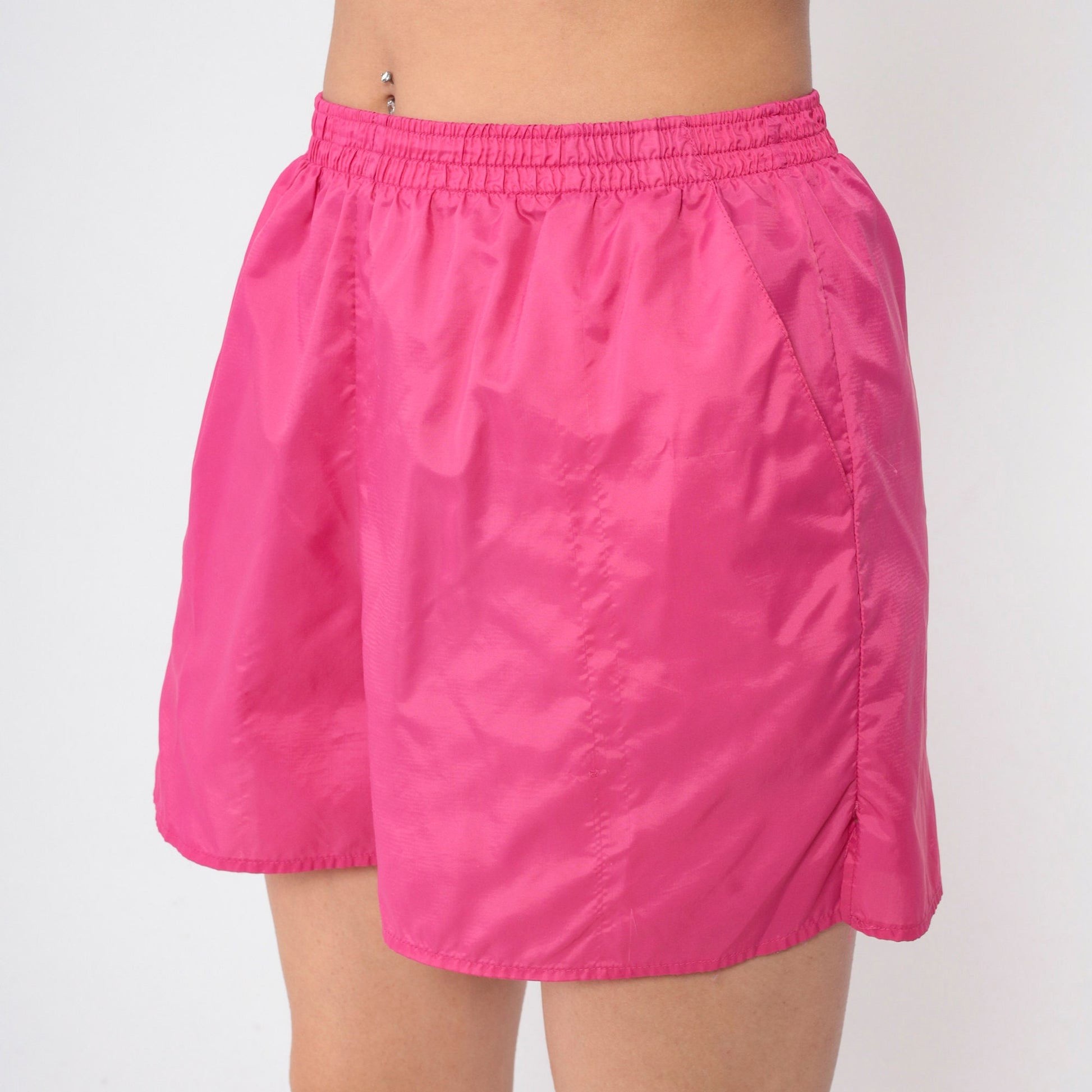 90s Hot Pink Nylon Gym Shorts High Waist Elastic Waist Small Medium