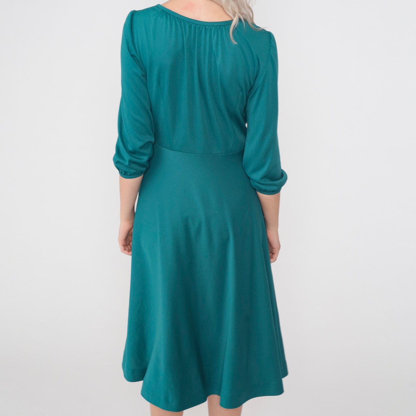 70s Teal Green Midi Dress High Waisted Puff Sleeve Pleated Medium