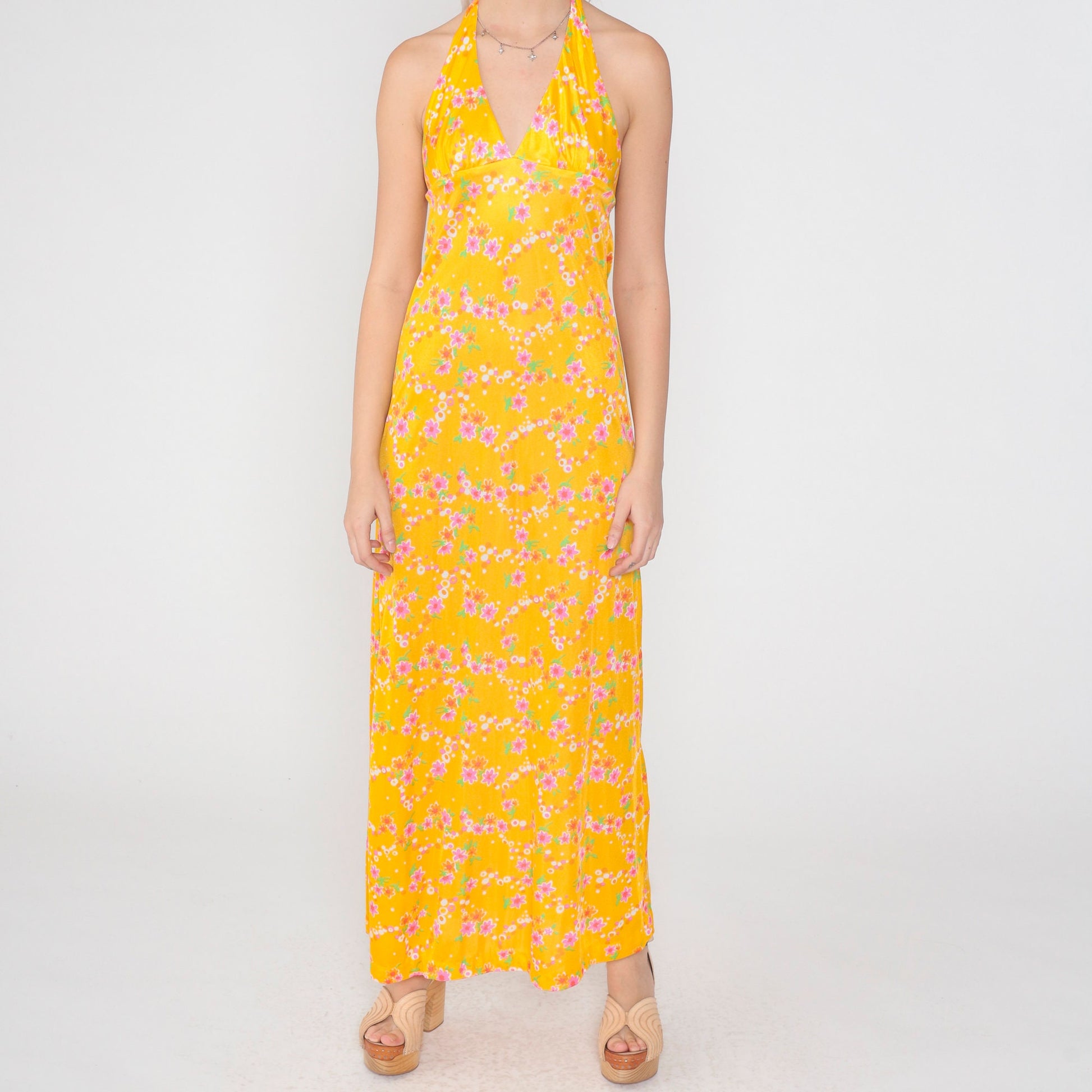 70s Yellow Floral Halter Maxi Dress Empire Waist Backless Extra Small