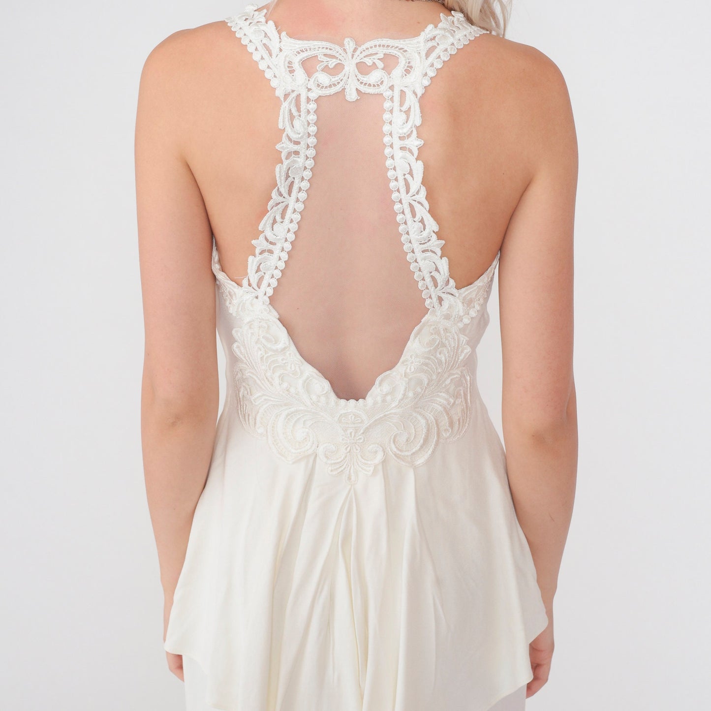 80s Scott McClintock White Maxi Dress Floral Lace Open Back Peplum Small
