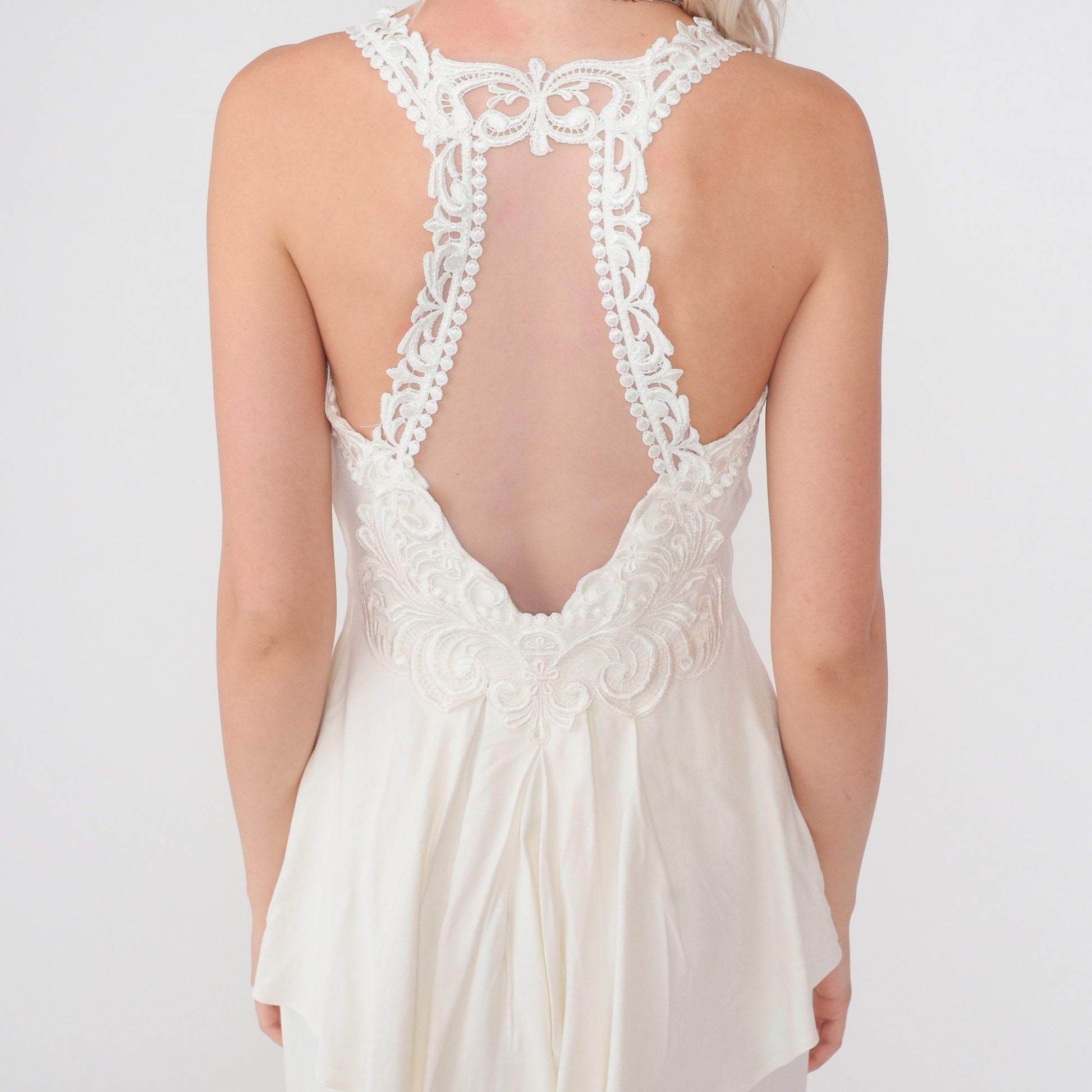 80s Scott McClintock White Maxi Dress Floral Lace Open Back Peplum Small