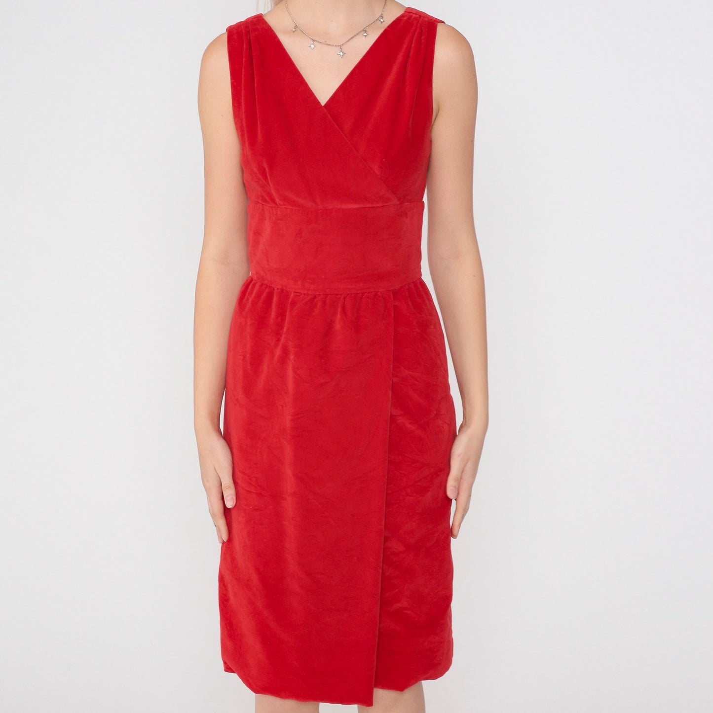 60s Red Velvet Mini Dress Empire Waist V-Neck Sleeveless Extra Small