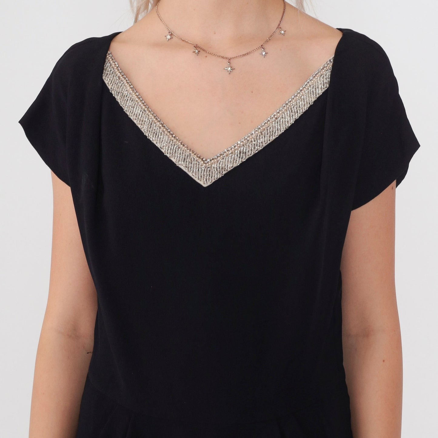 1950s Black Beaded Rhinestone V-Neck Midi Dress Short Sleeve Medium