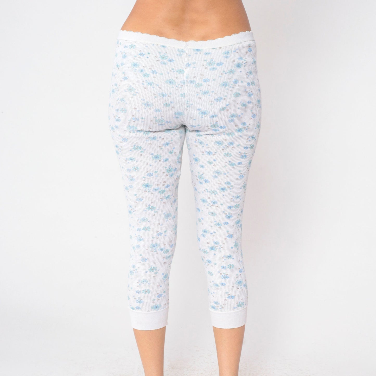 80s Floral Waffle Knit Thermal Capri Pants White Blue Print Medium