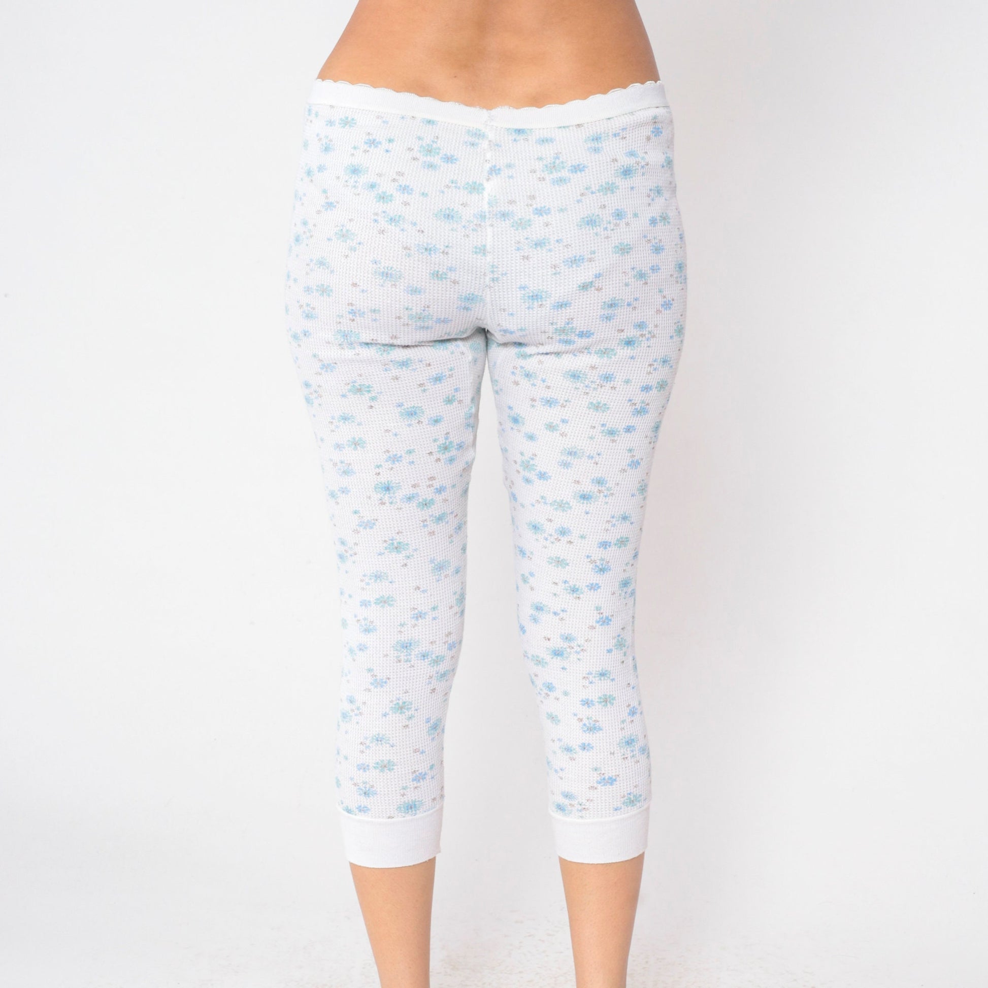 80s Floral Waffle Knit Thermal Capri Pants White Blue Print Medium