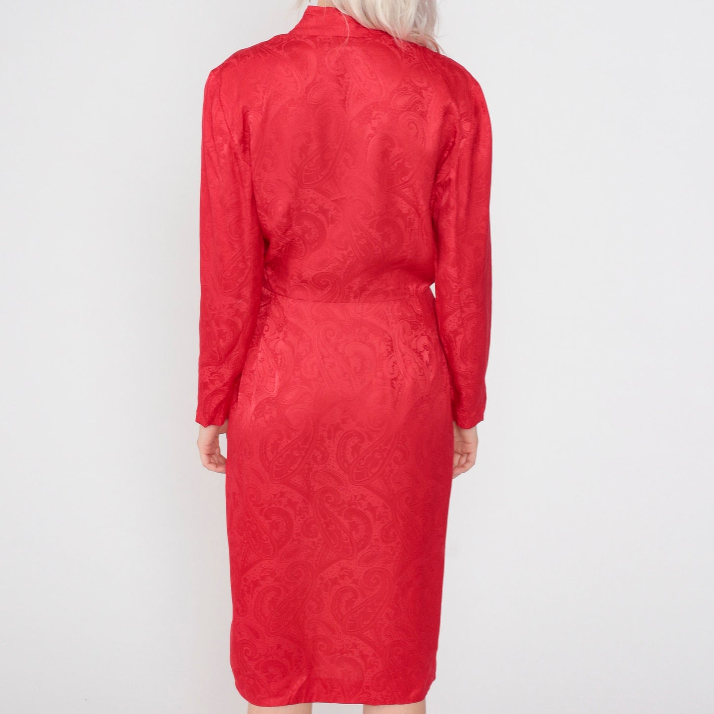 90s Liz Claiborne Red Silk Midi Dress Paisley Embossed V-Neck Faux Wrap Small