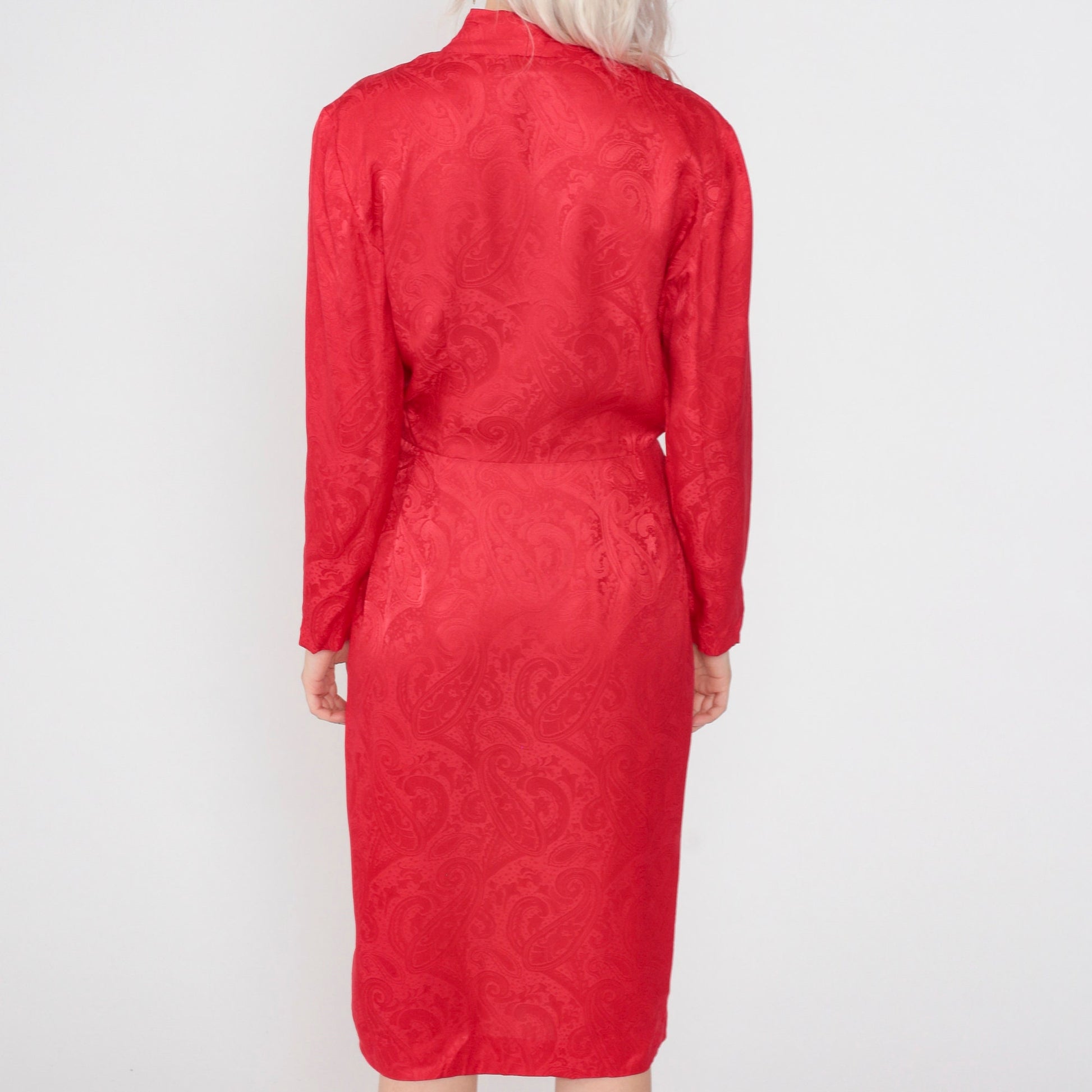 90s Liz Claiborne Red Silk Midi Dress Paisley Embossed V-Neck Faux Wrap Small