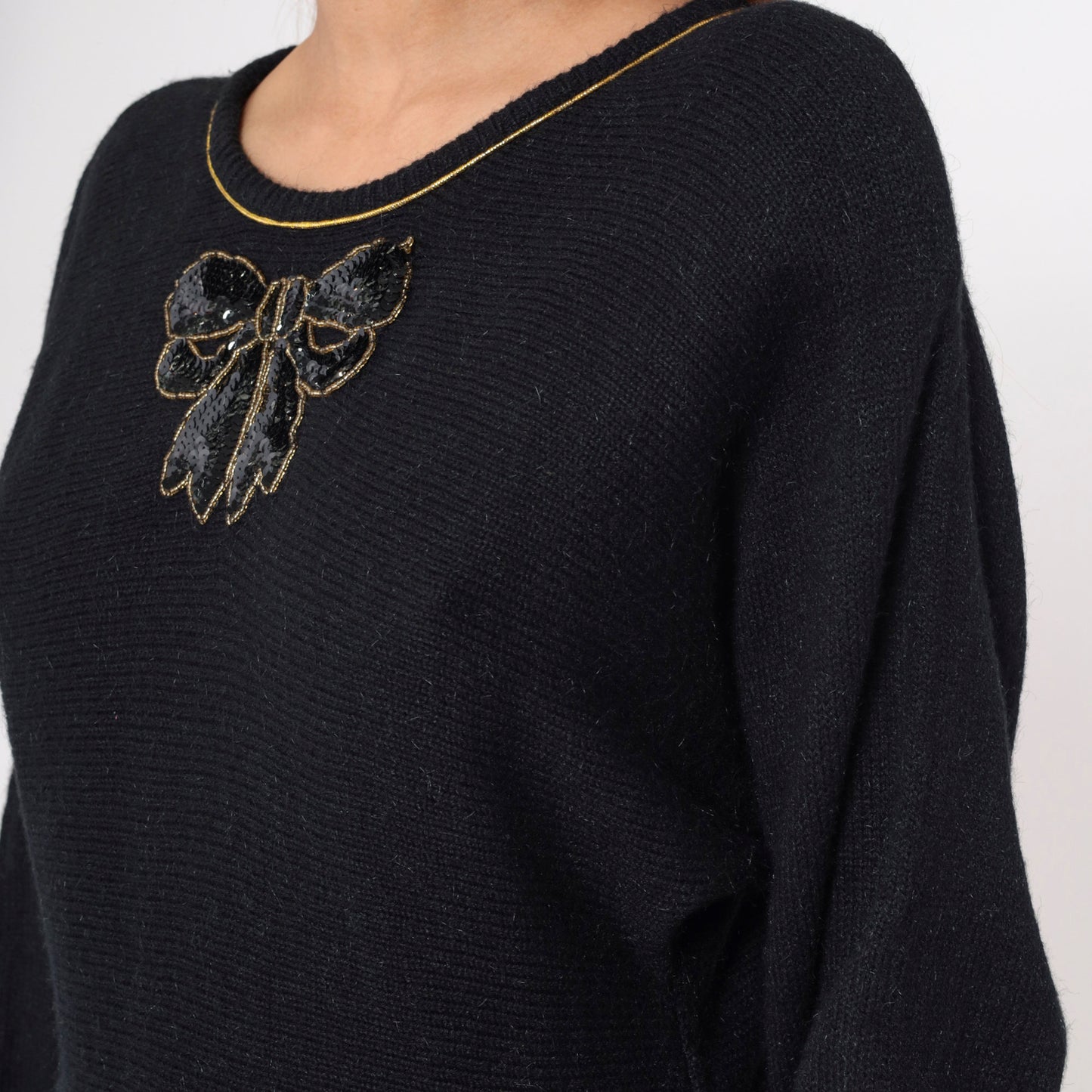 90s Andrea Gayle Black Knit Sweater Sequin Bow Metallic Gold Trim Large L