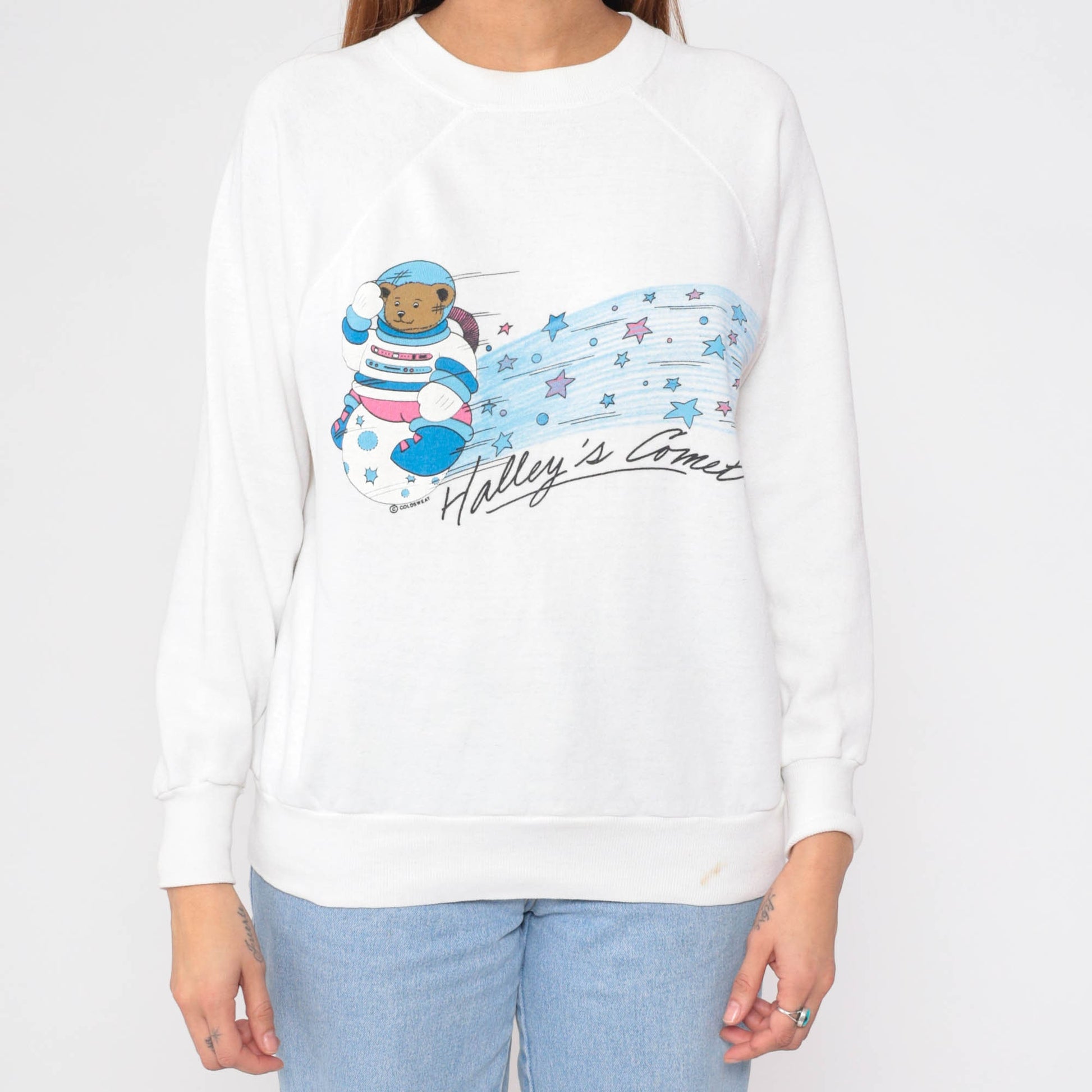 80s Halley's Comet Teddy Bear Astronaut Sweatshirt Raglan Crewneck Large L