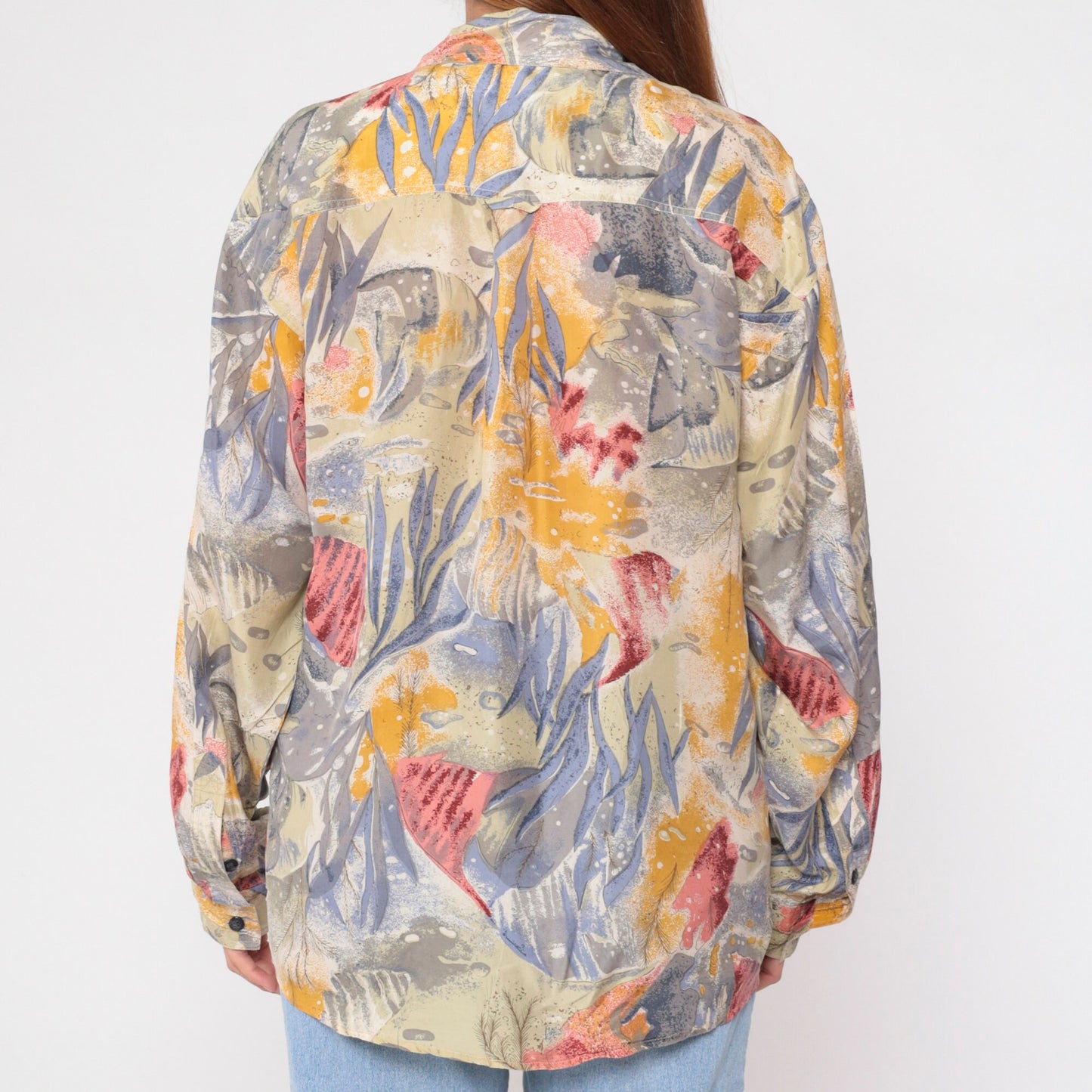 90s Fish Print Silk Button-Up Shirt Ocean Long Sleeve Medium M