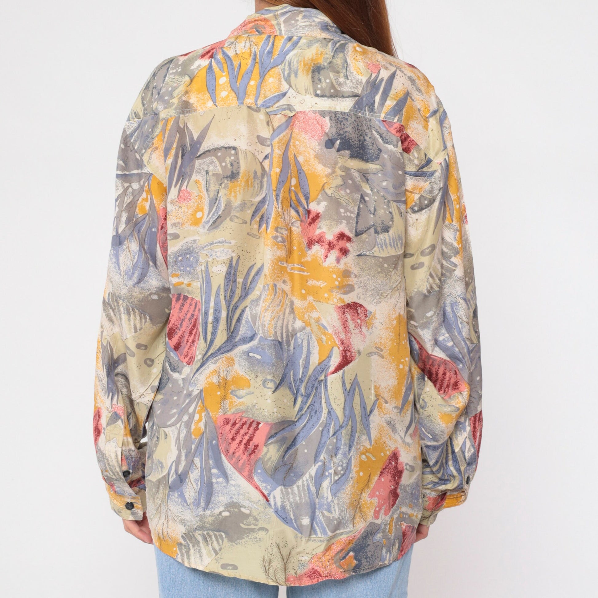 90s Fish Print Silk Button-Up Shirt Ocean Long Sleeve Medium M