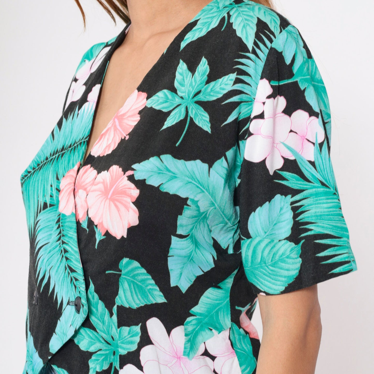 90s Black Tropical Floral Crop Top Double Breasted Blouse Medium M