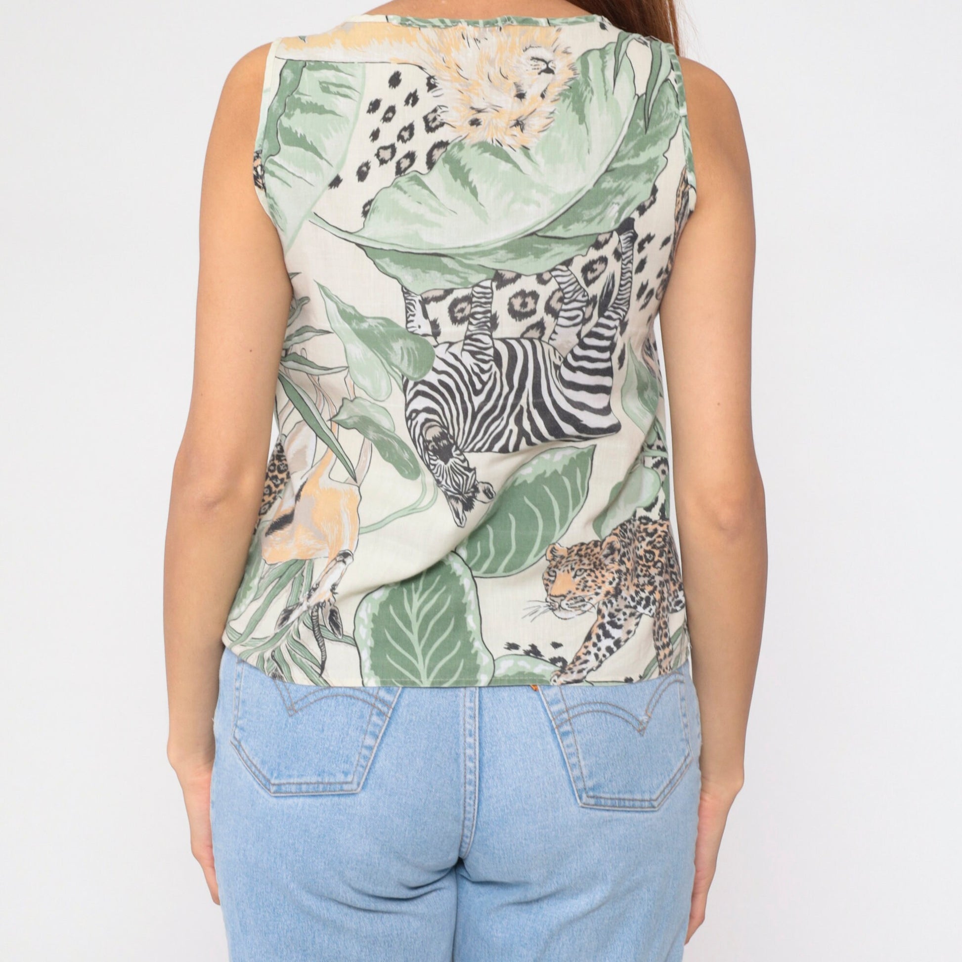 90s Safari Animal Print Henley Tank Top Lion Leopard Zebra Medium