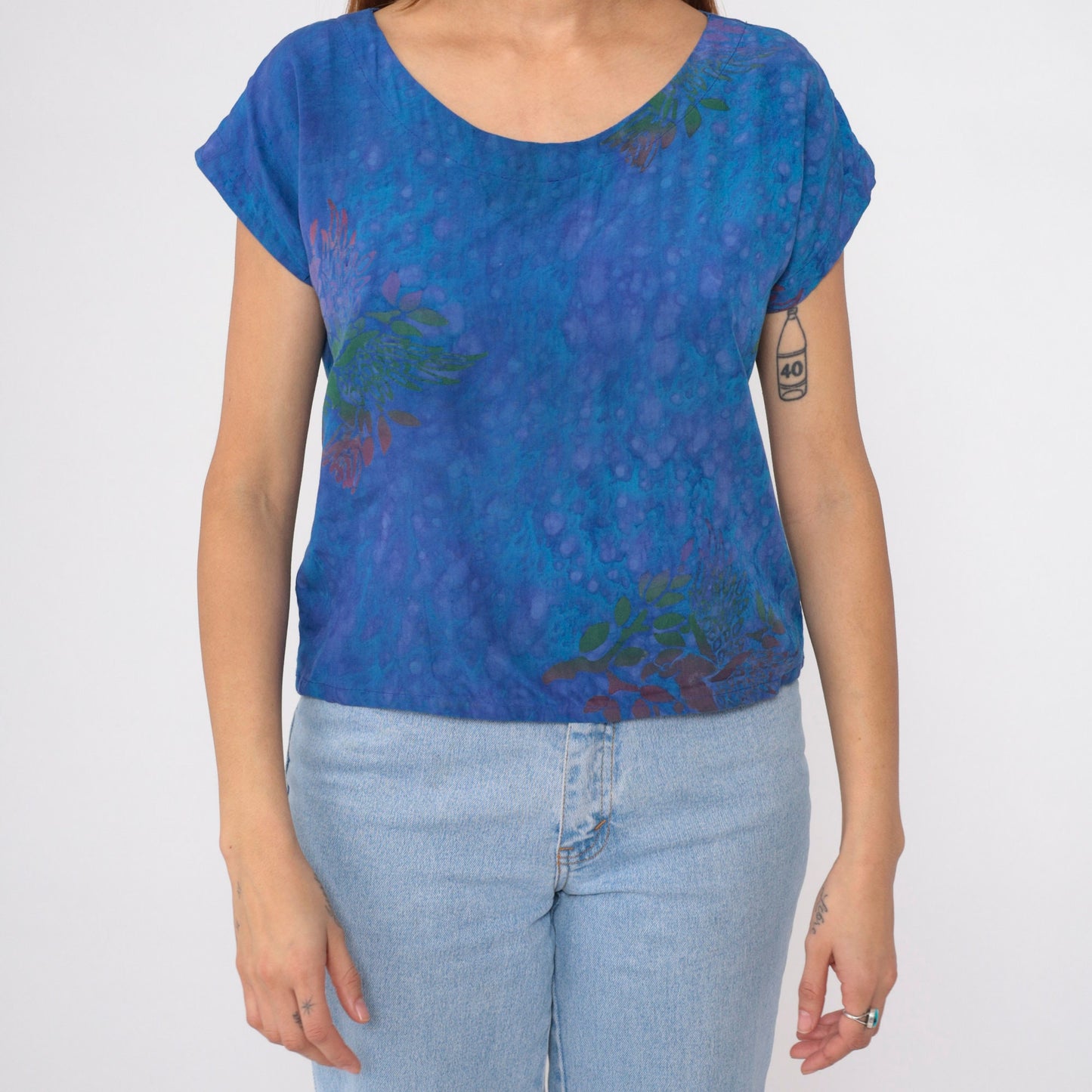 Y2K Tie Dye Floral Blouse Blue Pink Green Cap Sleeve Small