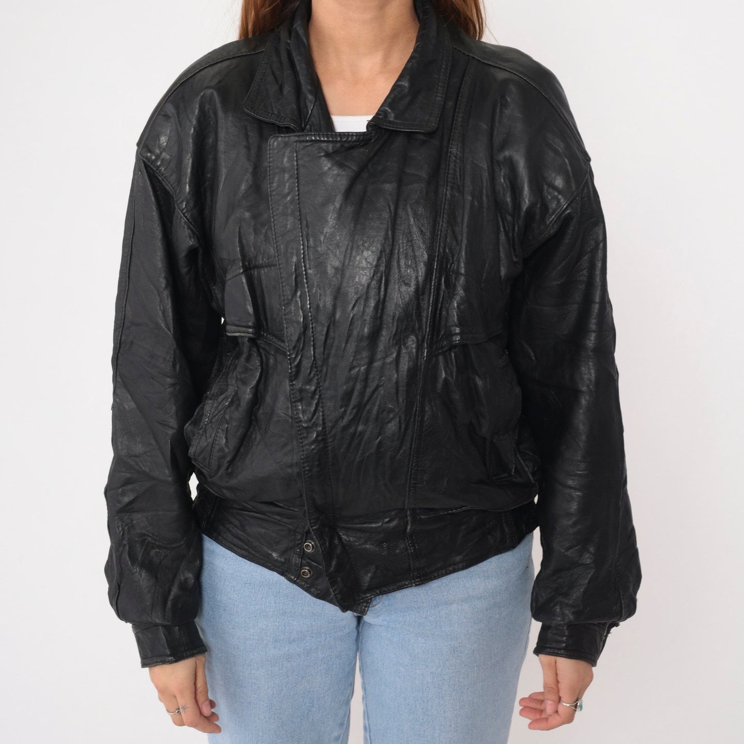 90s Black Leather Motorcycle Jacket Asymmetrical Moto Biker Small