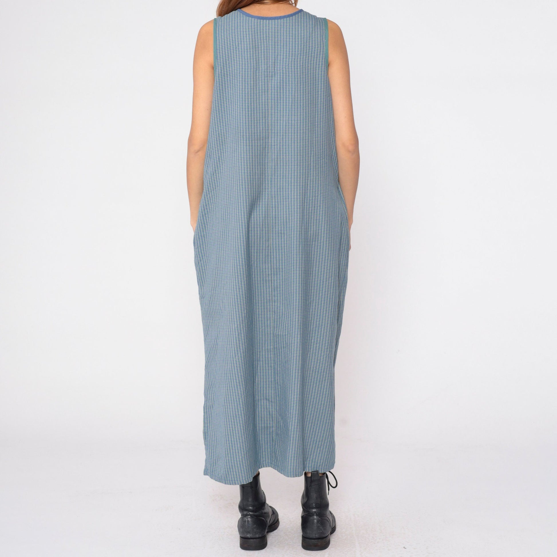 90s Blue Checkered Maxi Dress Embroidered Autumn Tree Sleeveless Pockets Large L