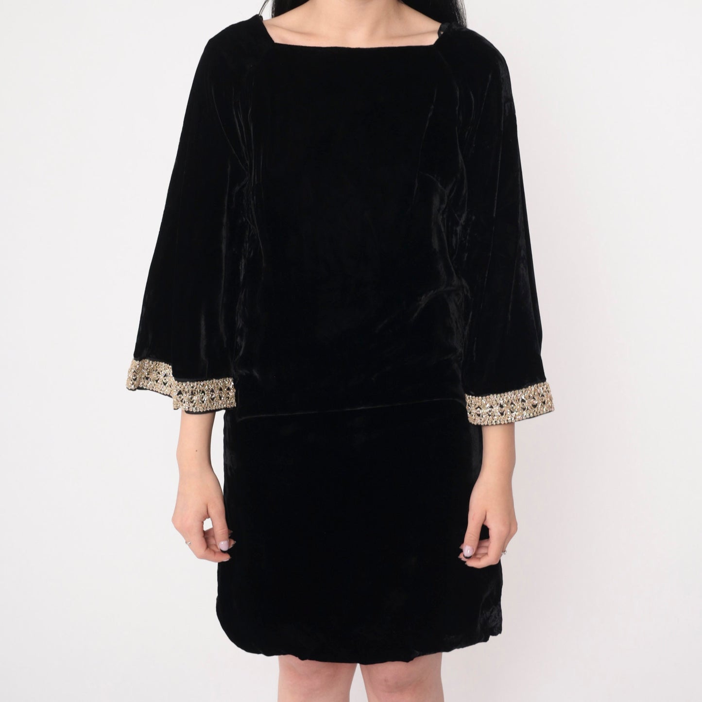 60s Black Velvet Mini Dress Metallic Bell Sleeve Shift Square Neckline Small
