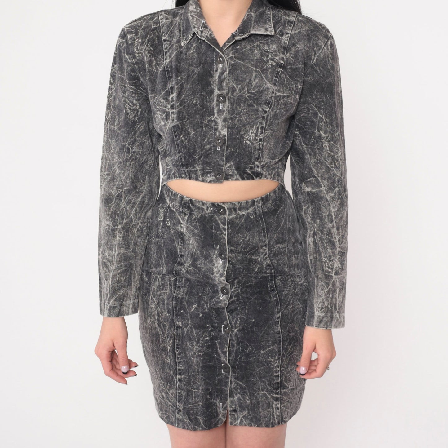 90s Rampage Acid Wash Denim Mini Dress Cutout Waist Black Extra Small
