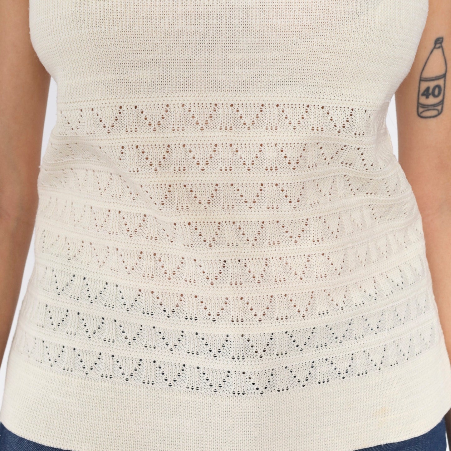 70s Cream Pointelle Knit Tank Top Mock Neck Cutout Sleeveless Small S