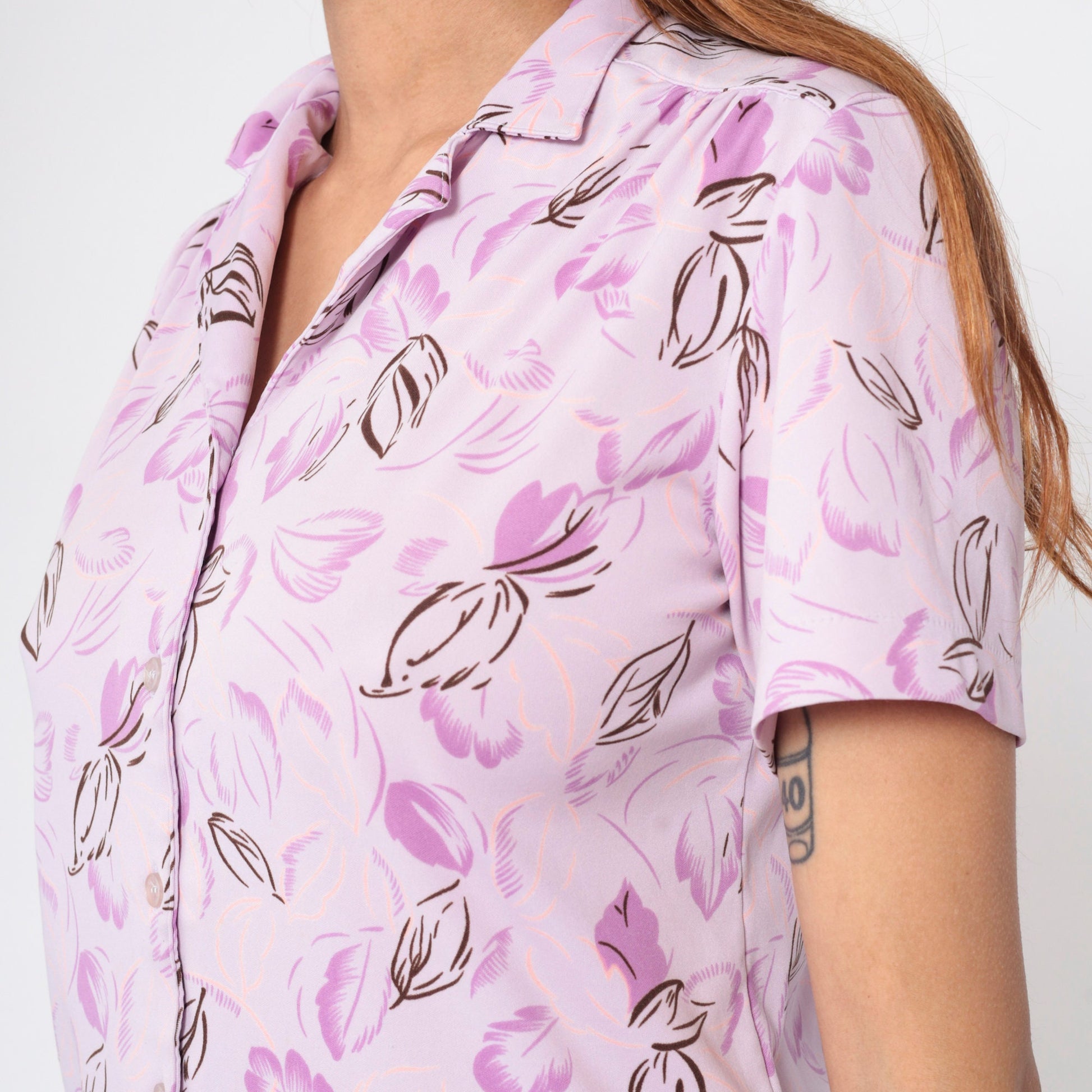70s Light Purple Floral Button-Up Shirt Lavender Leaf Print Short Sleeve Medium