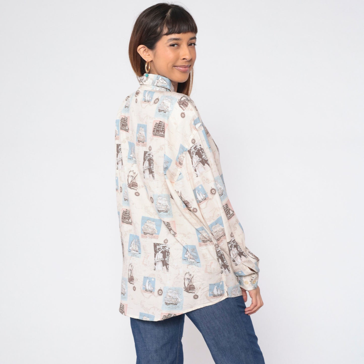 90s Bill Blass Nautical Print Button-Up Blouse Sailboat Compass Long Sleeve Large